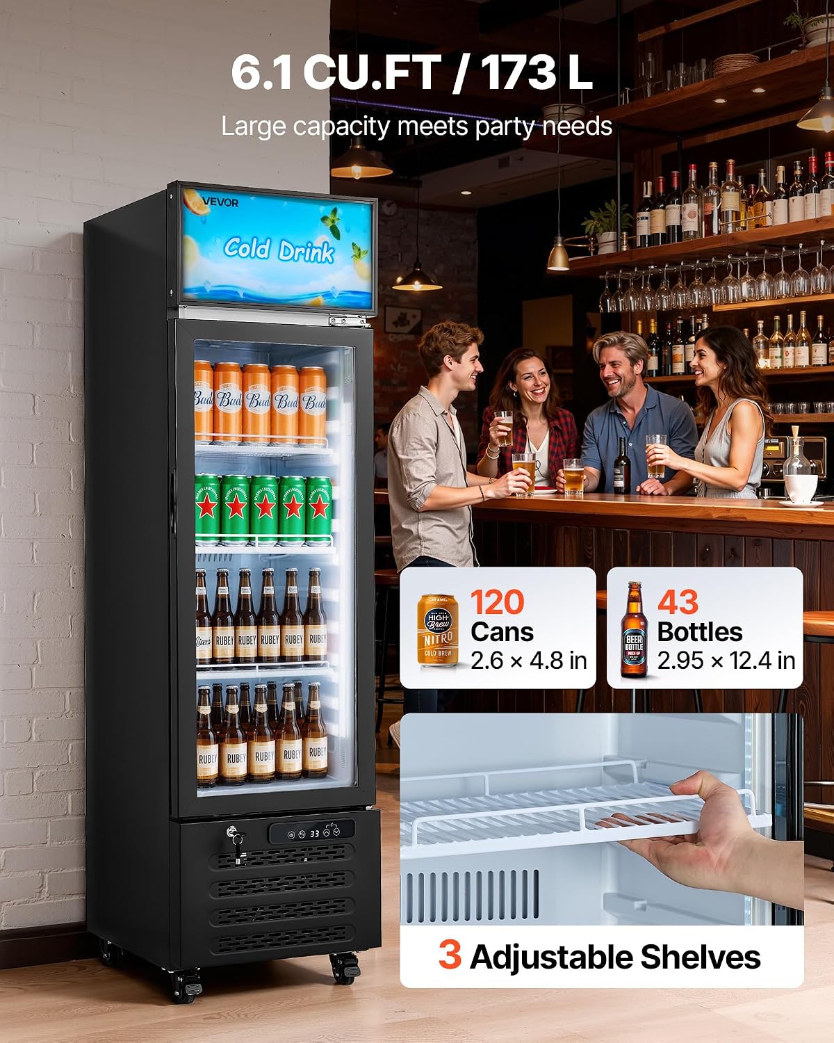 VEVOR Commercial Merchandiser Refrigerator, 6.1 Cu.Ft / 173 L Glass Door Display Refrigerator, Upright Beverage Cooler with Customizable Lightbox, 3 Adjustable Shelves & Soft LED Light for Homes Shops