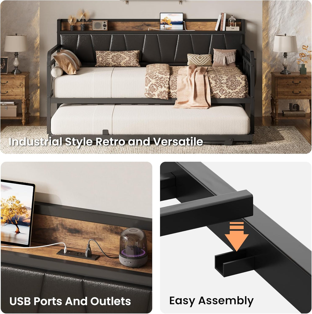 LIKIMIO Twin Daybed, Day Bed with Trundle, Storage Upholstered Headboard and Charging Station, Trundle Bed with Strong Supports for Living Room, Bedroom, and Guest Room, Black