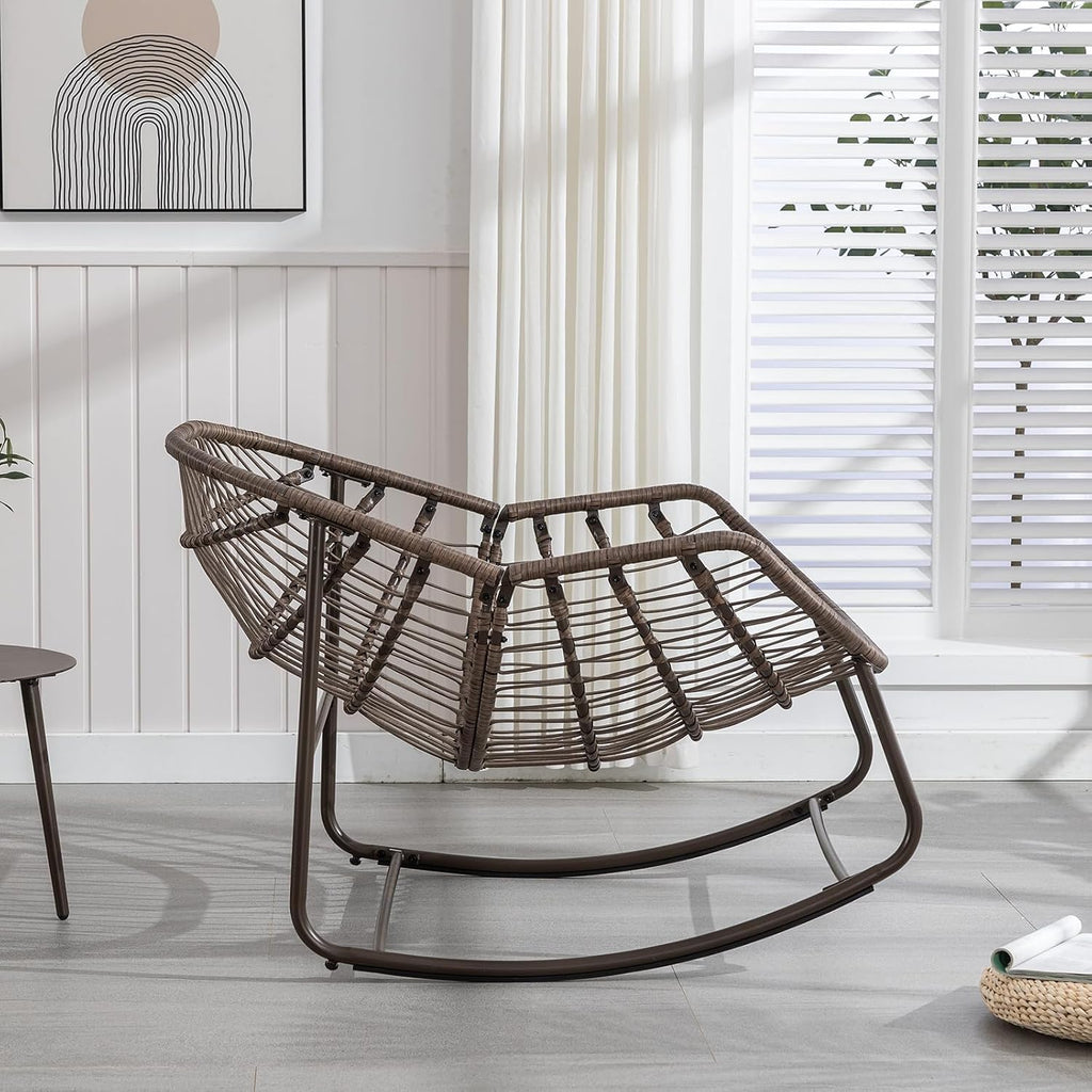JEEOHEY Papasan Rocking Chairs Outdoor Indoor, Oversized Rattan Rocker Patio Chair with Padded Cushion, Comfy Modern Indoor Egg Chair for Living Room, Bedroom, Porch, Garden, Balcony(Corduroy, White)