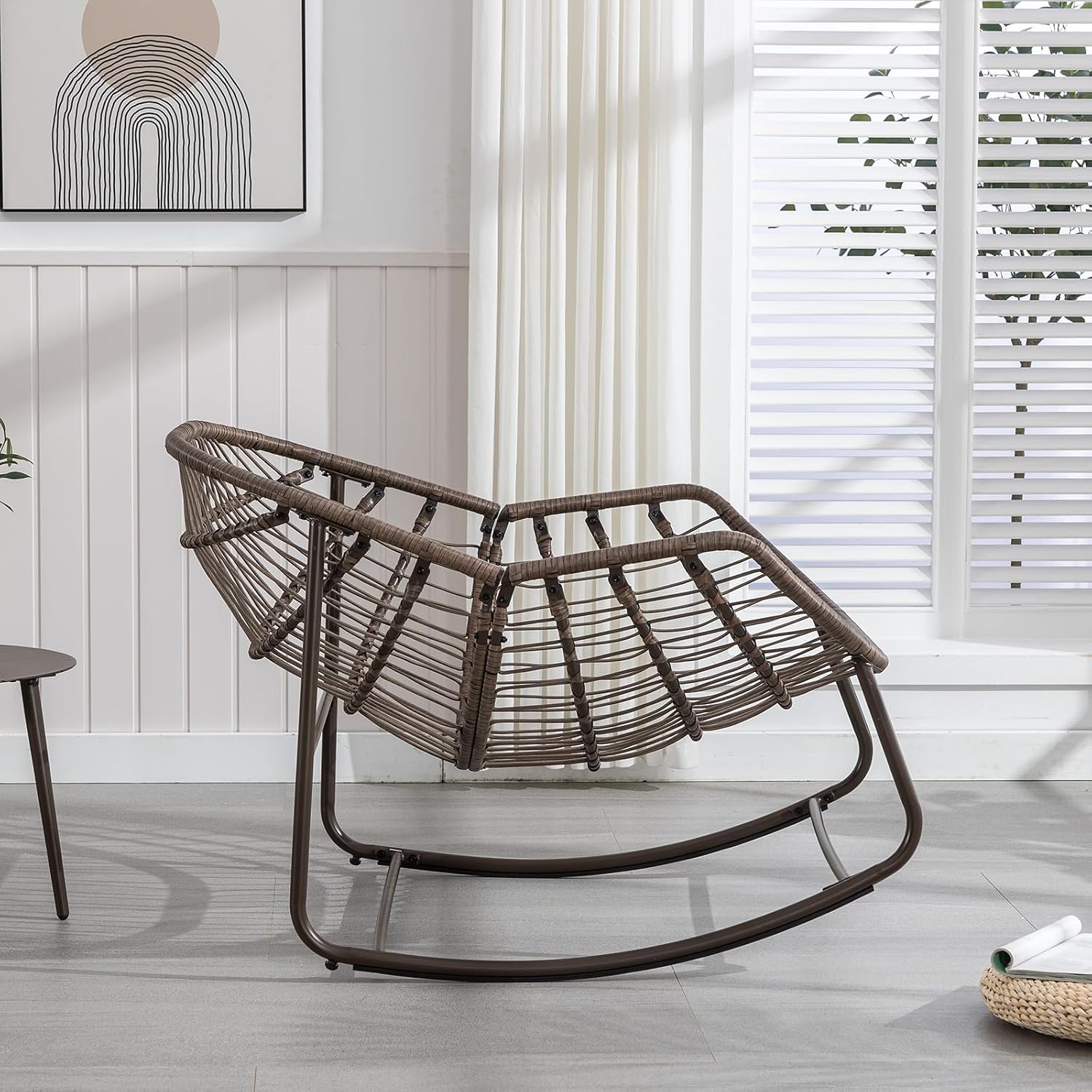 JEEOHEY Papasan Rocking Chairs Outdoor Indoor, Oversized Rattan Rocker Patio Chair with Padded Cushion, Comfy Modern Indoor Egg Chair for Living Room, Bedroom, Porch, Garden, Balcony(Corduroy, White)