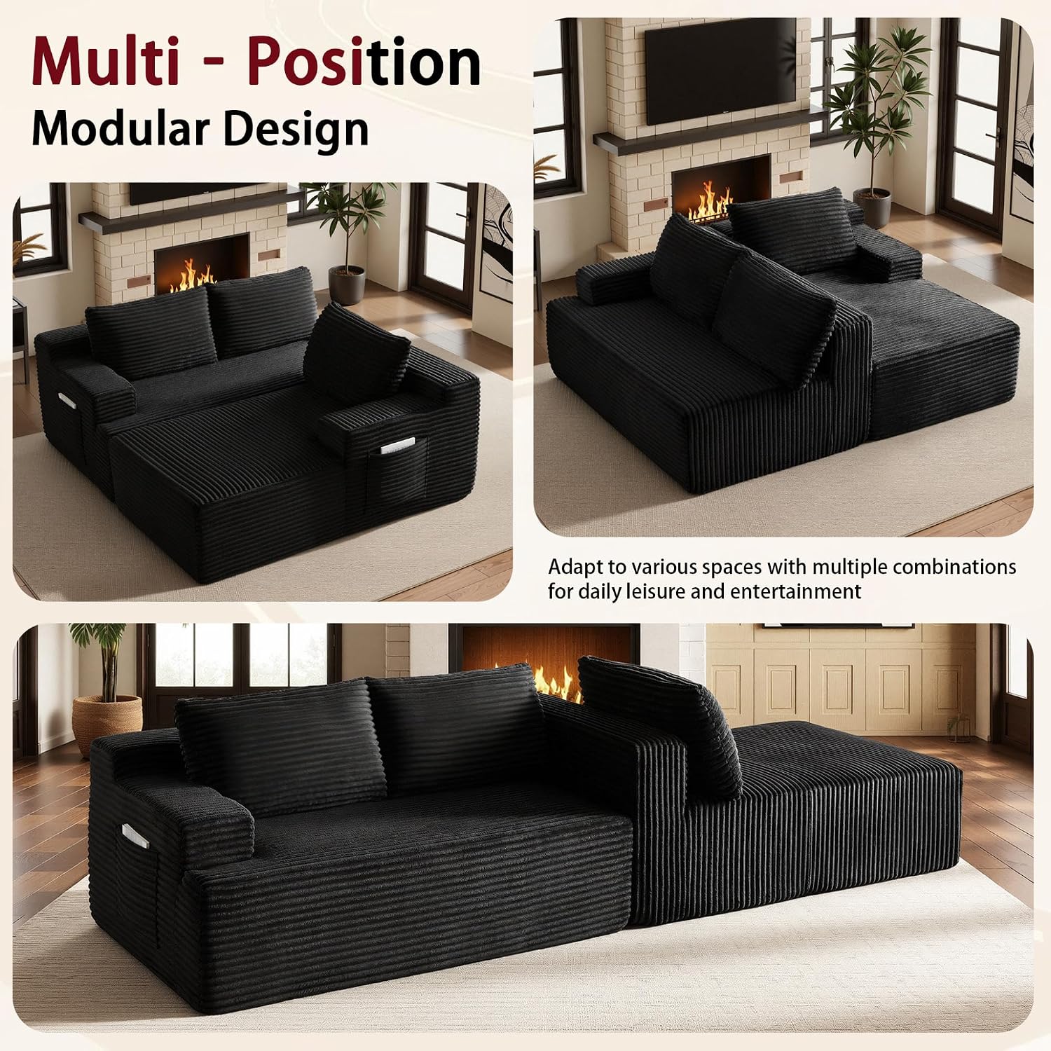 96''Sectional Couches for Living Room,Modern Modular Sectional Sofa,Upholstered Boneless Couch Comfy Cloud Couch with L Shaped Chaise (Black, 96''W Right Facing Chaise)
