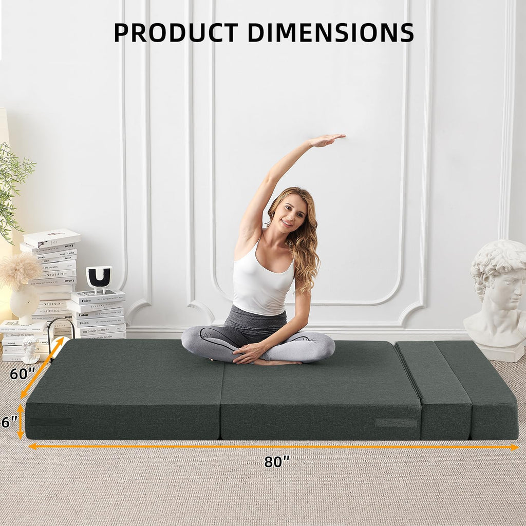 FILUXE Convertible Folding Sofa Bed - Sleeper Chair with Pillow, Modern Linen Fabric Floor & Futon Couch, Foldable Mattress for Living Room/Dorm/Guest Use/Home Office/Apartment, Queen Size, Dark Gray