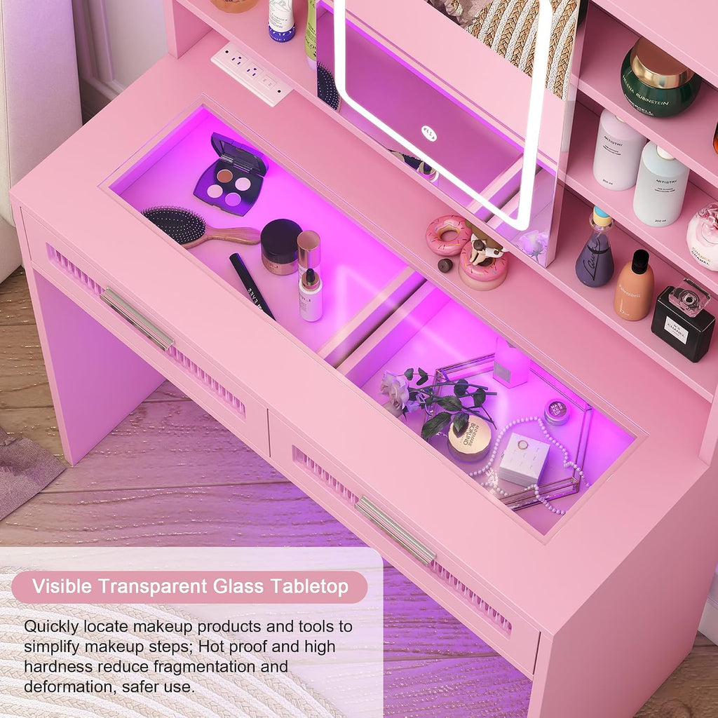 Hadulcet Pink Vanity Desk with Mirror and Lights, 35.5' Small LED Makeup Vanity Desk with 2 Acrylic Drawers, 6 Storage Shelves and Power Outlets for Girls Women Bedroom Dressing Room