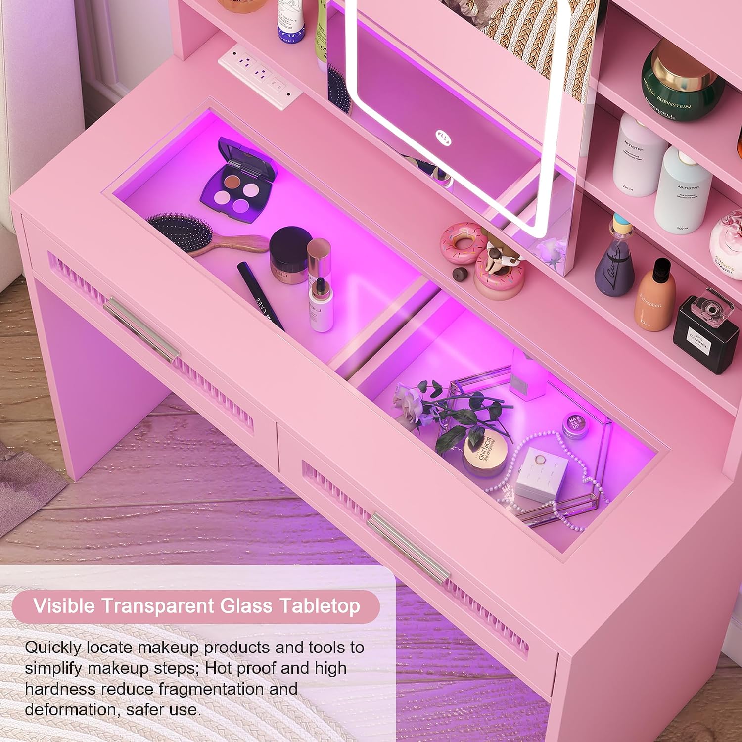 Hadulcet Pink Vanity Desk with Mirror and Lights, 35.5' Small LED Makeup Vanity Desk with 2 Acrylic Drawers, 6 Storage Shelves and Power Outlets for Girls Women Bedroom Dressing Room