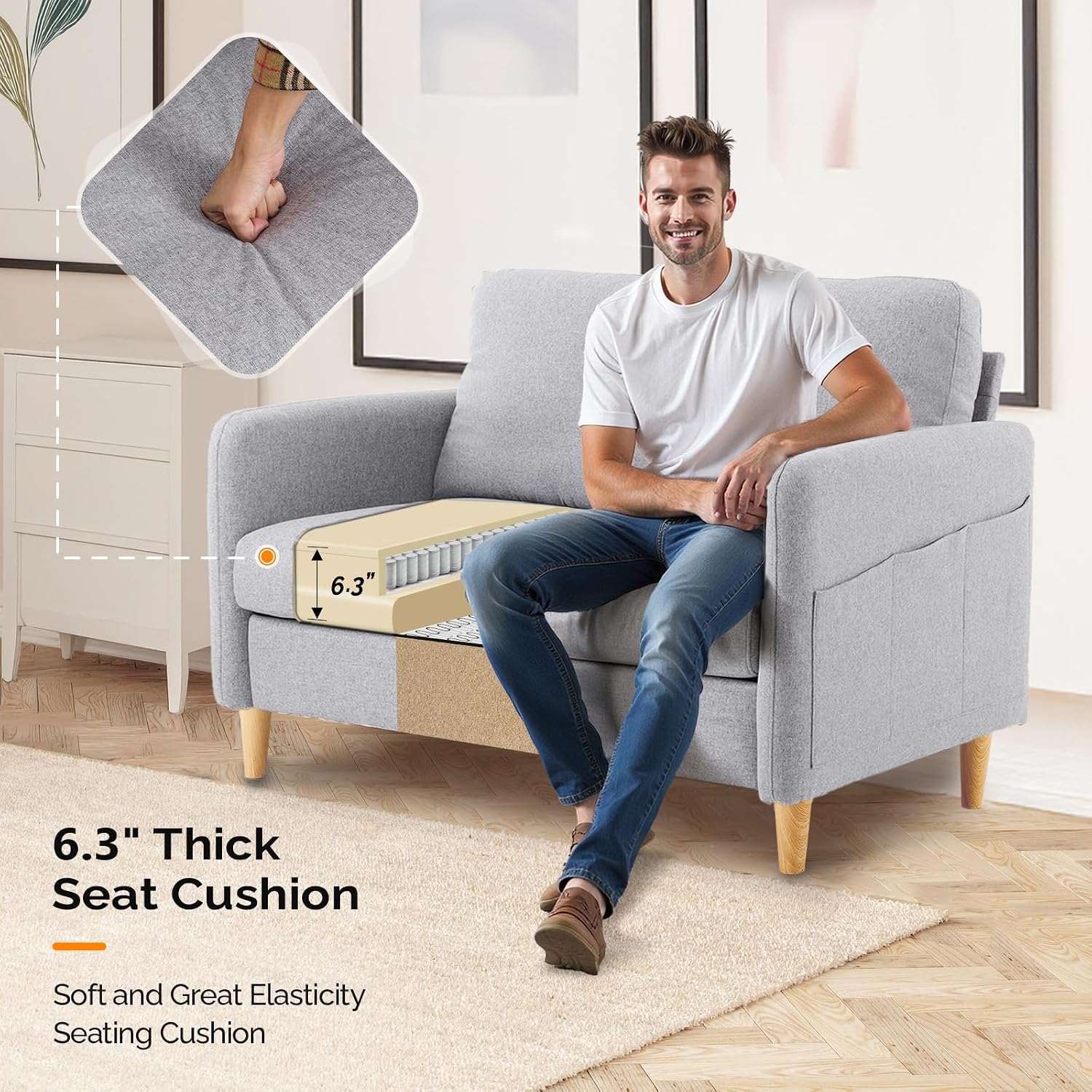 VINGLI 47' Small Couch, Linen Loveseat Sofa Light Grey Mini Couch Mid Century Modern Decor Love Seat for Small Spaces Living Room, Bedroom, Play Room