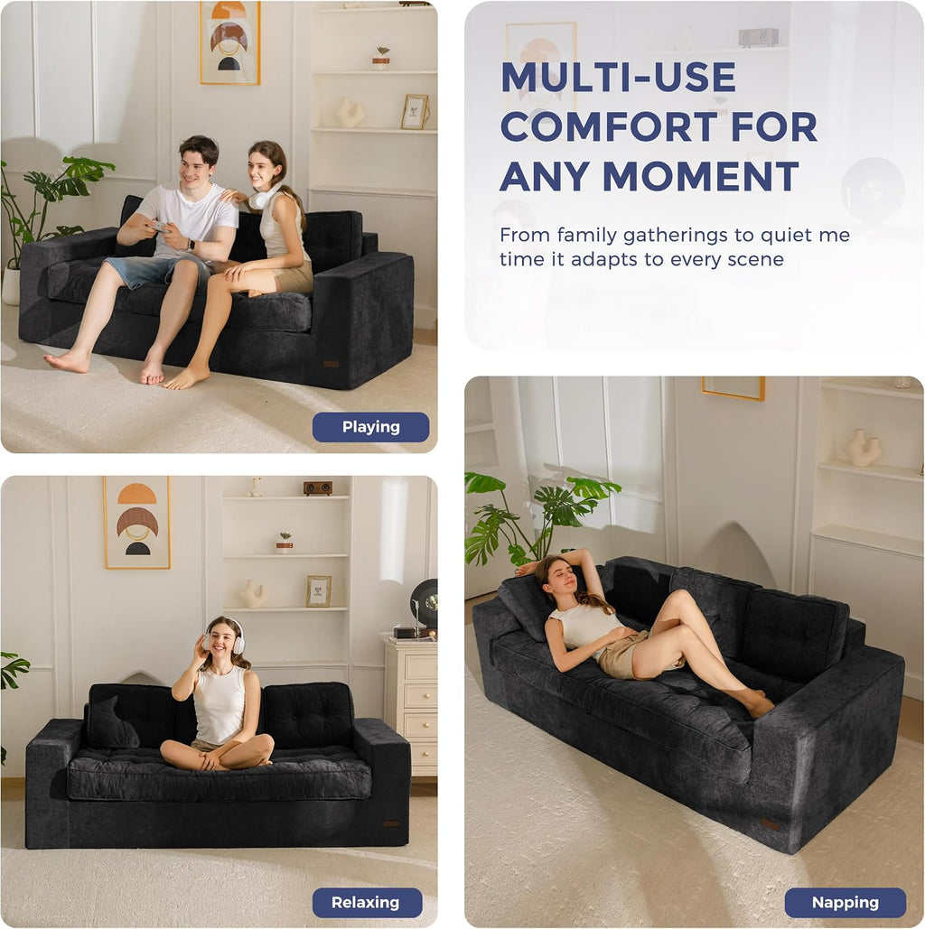 MAXYOYO Boneless Sofa Couch, 75' Oversized Loveseat Sofa, Tufted Floor Couch Bean Bag Chair for Living Room Bedroom Apartment, Sofa in a Box, No Assembly Needed, Black