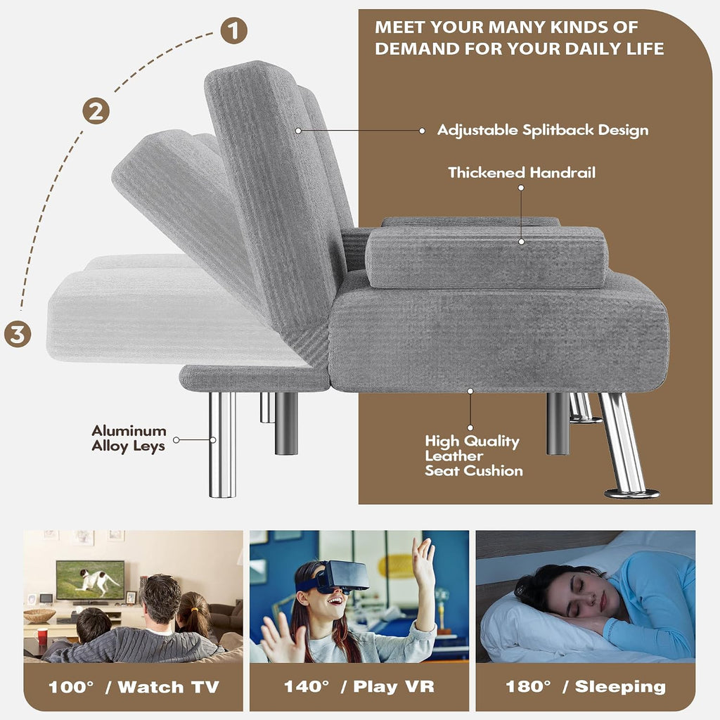 Homall Futon Sofa Bed, Futon Couch with Removable Armrests, Adjustable Recliner Sleeper Sofa Bed with Dual Cup Holders for Living Room, Apartment, Office (Corduroy, Grey)