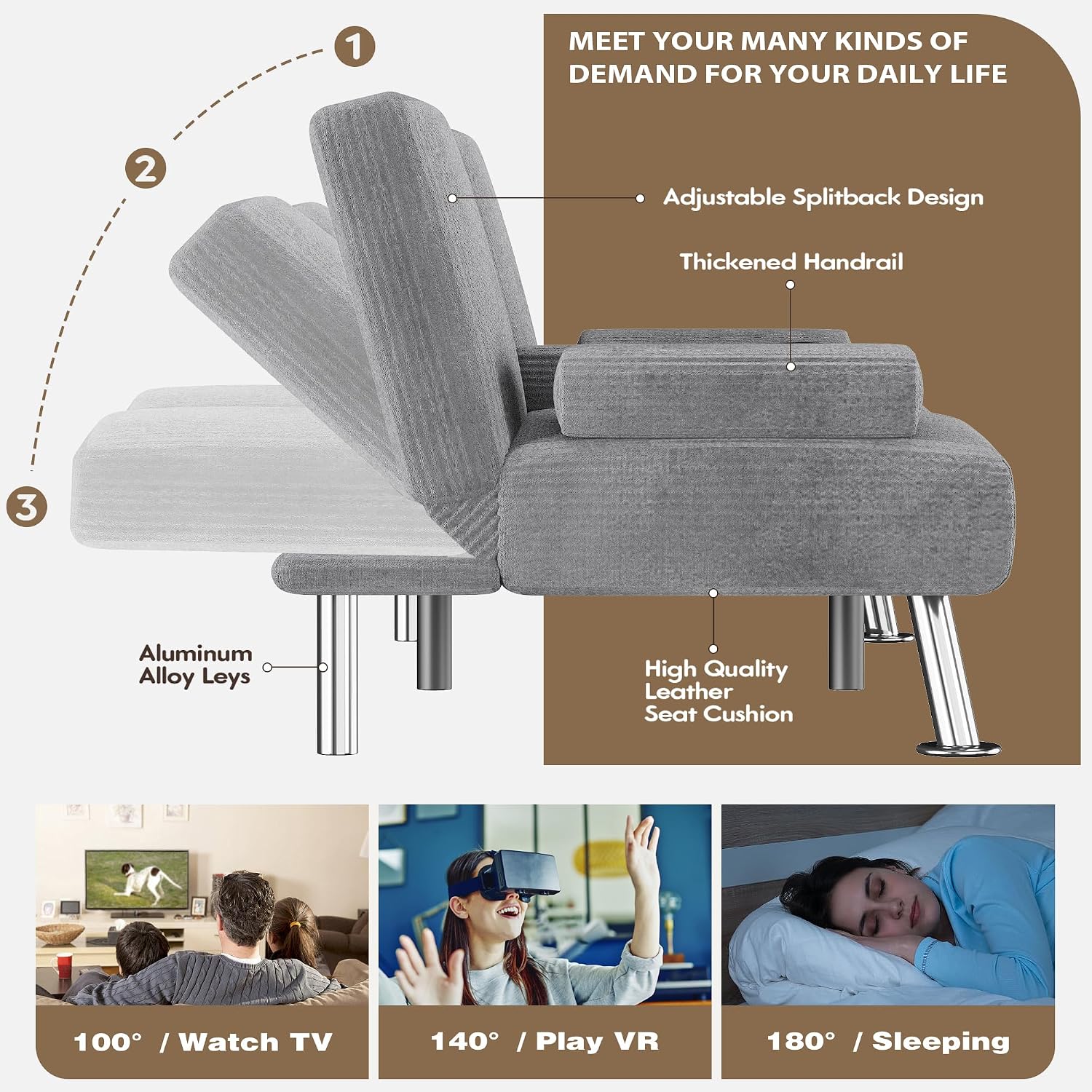 Homall Futon Sofa Bed, Futon Couch with Removable Armrests, Adjustable Recliner Sleeper Sofa Bed with Dual Cup Holders for Living Room, Apartment, Office (Corduroy, Grey)