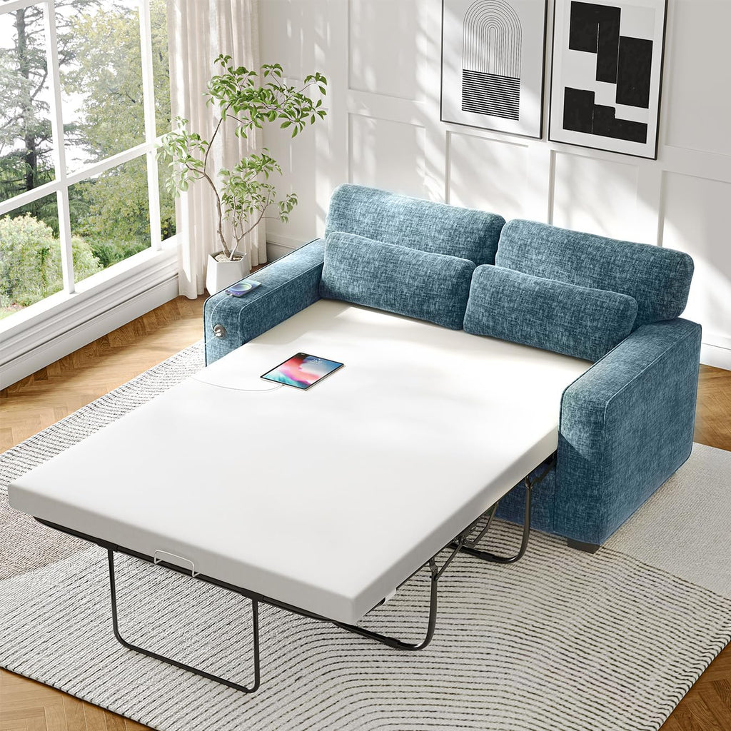Marsail Pull Out Sofa Bed, Queen Size Sleeper Sofa with Memory Foam Mattress, 2 USB Charging and Removable Covers, Loveseat for Living Room, Apartment, Supports 600 LBS, Chenille Fabric, Blue