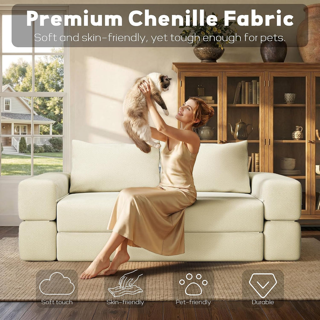 75'' Folding Convertible Sofa Bed with Large Pillow, 4-in-1 Foldable Pull Out Futon Sofa Bed, Chenille Boneless Mattress Couch, No Assembly Floor Sleeper Sofa Bed for Living Room/Bedroom, Beige