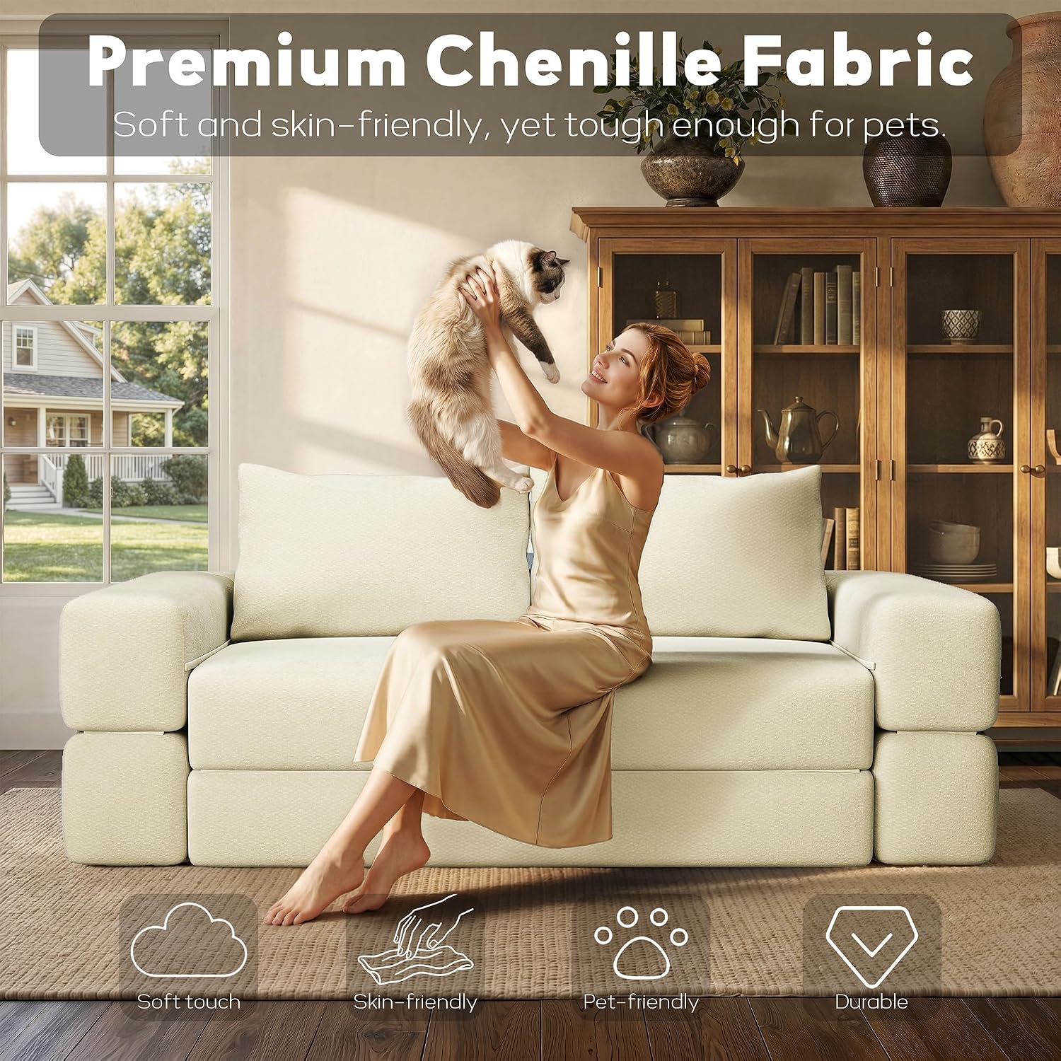 75'' Folding Convertible Sofa Bed with Large Pillow, 4-in-1 Foldable Pull Out Futon Sofa Bed, Chenille Boneless Mattress Couch, No Assembly Floor Sleeper Sofa Bed for Living Room/Bedroom, Beige