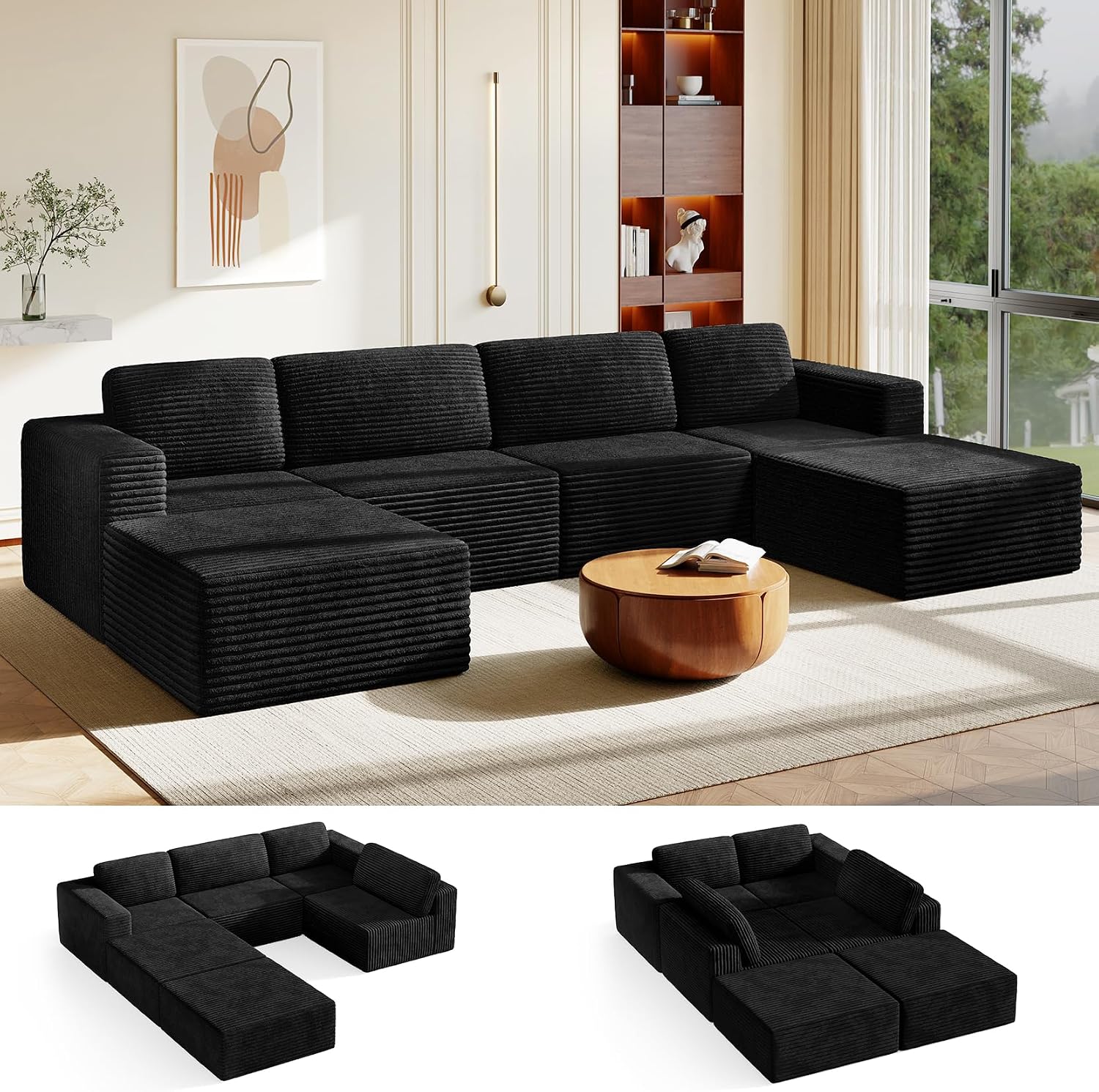 Vesgantti 159' Large Modular Sectional Sofa, U-Shaped Corduroy Cloud Couch with Deep Seats & Spring Support, 4-Seater Boneless Sofa with 2 Movable Ottomans, No Assembly Needed, Black