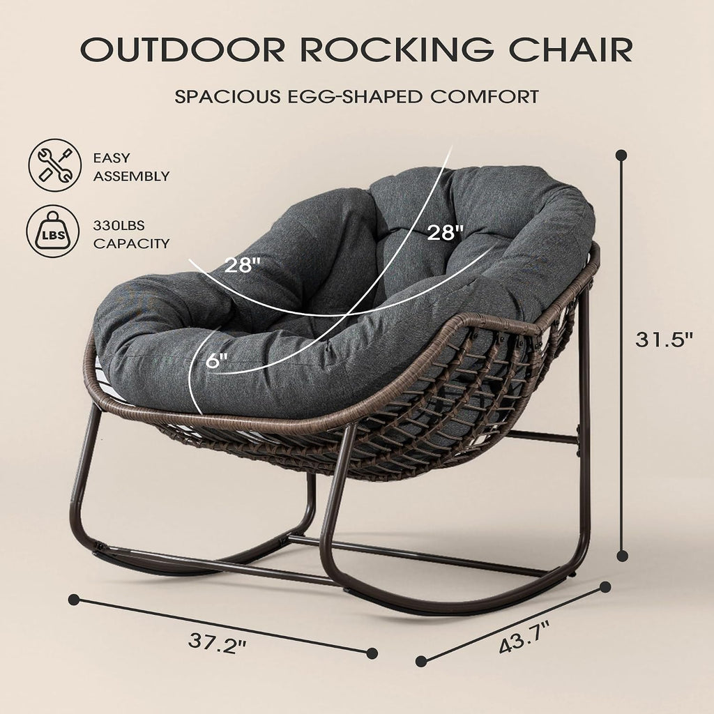 Oversized Papasan Rocking Chair, Indoor & Outdoor Egg Rocker with All-Weather Hand-Woven Rattan & Rust-Proof Steel Frame for Porch, Patio, Living Room (Linen-Like, Dark Grey)