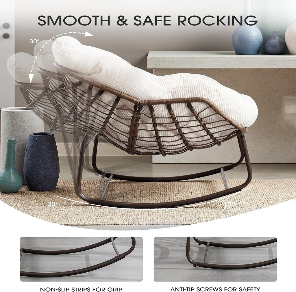 Oversized Papasan Rocking Chair, Indoor & Outdoor Egg Rocker with All-Weather Hand-Woven Rattan & Rust-Proof Steel Frame for Porch, Patio, Living Room (Corduroy, White)