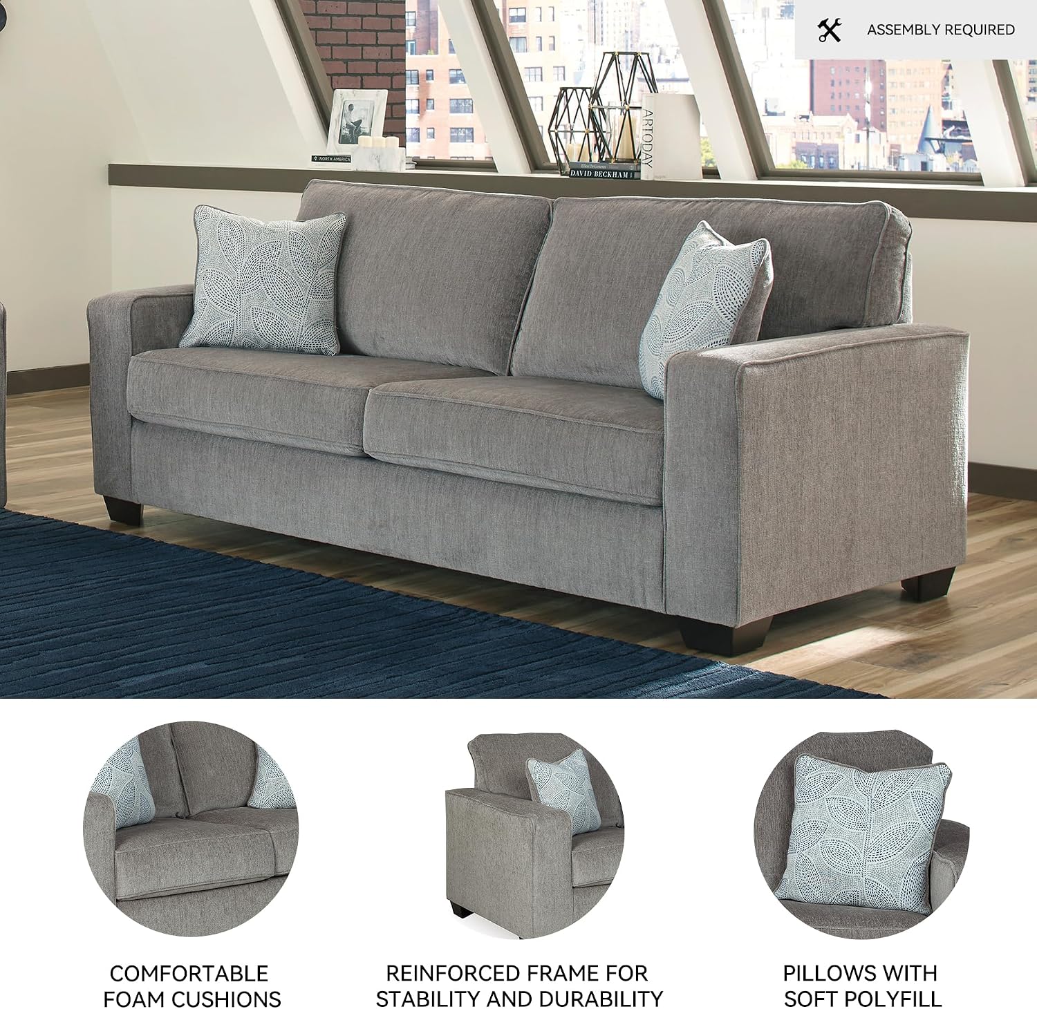 Signature Design by Ashley Altari Modern Queen Sofa Sleeper with 2 Accent Pillows, Light Gray