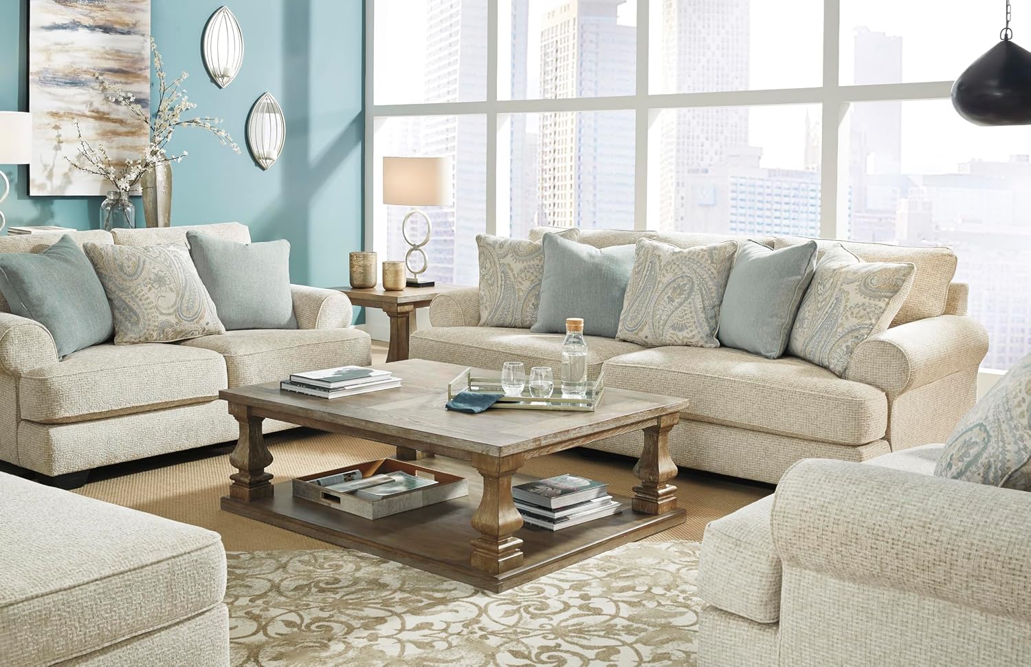 Signature Design by Ashley Monaghan Vintage Loveseat with Accent Pillows, Reversible Cushions and Rolled Arms, Beige