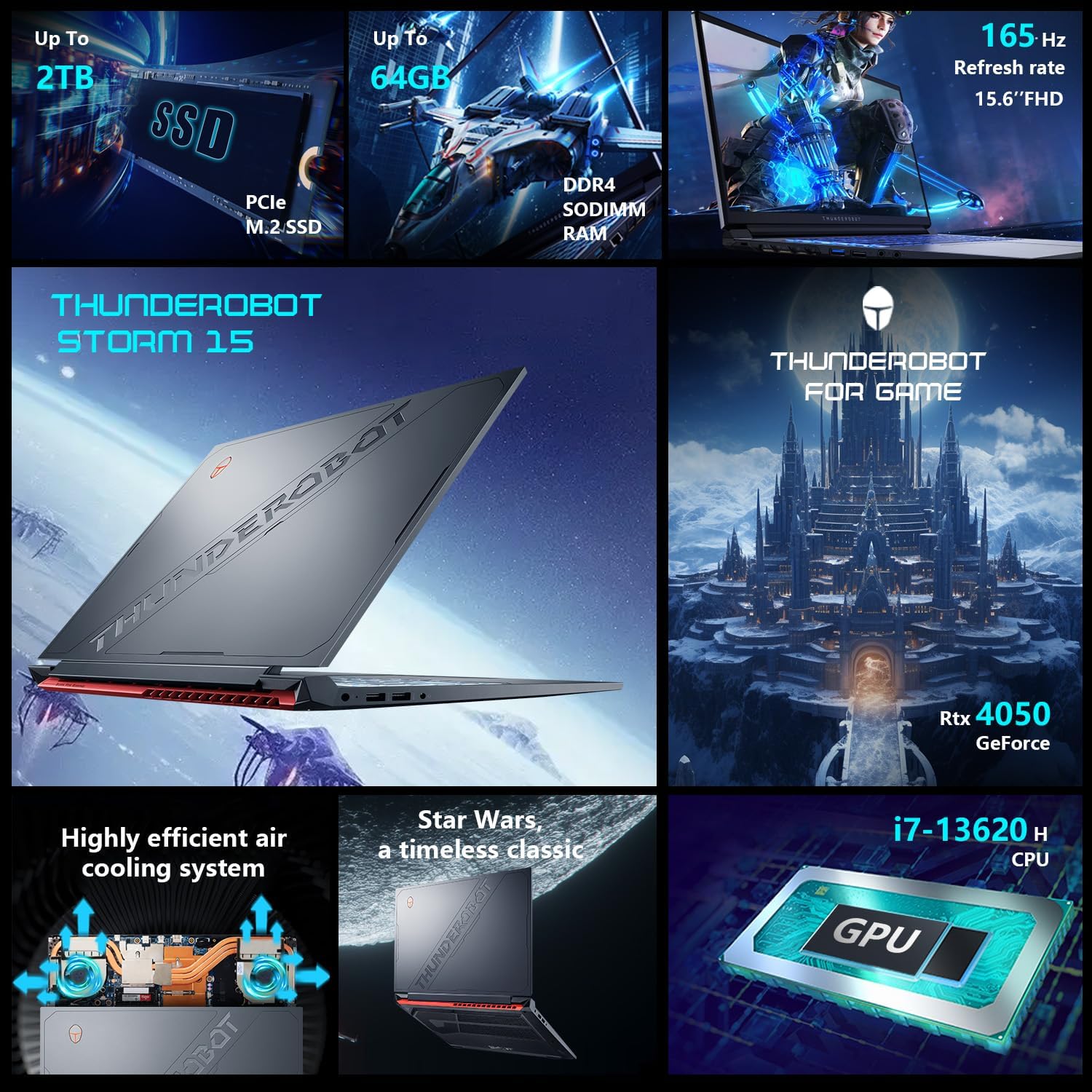 Thunderobot Storm 15 4050 Gaming Laptop, Intel Core i7-13620H, GeForce RTX 4050, 15.6' FHD 165Hz Display, 16GB RAM, 512GB SSD, Backlit Keyboard, HDMI, Wi-Fi, Win 11 Home, Black