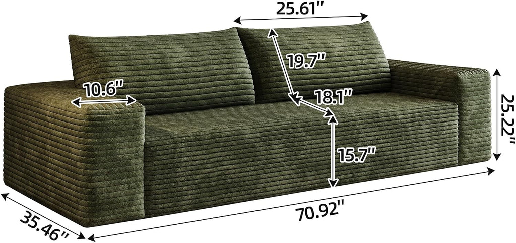 3 Seater Couch for Living Room, 71.3 INCH Fluffy Corduroy Boneless Couch Cloud Loveseat with Wide Armrest, Upholstered Floor Sofa in A Box, No Assembly Required