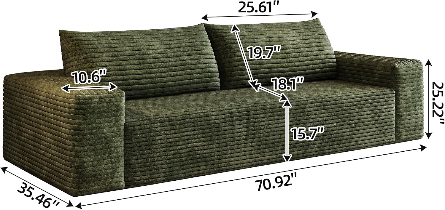 3 Seater Couch for Living Room, 71.3 INCH Fluffy Corduroy Boneless Couch Cloud Loveseat with Wide Armrest, Upholstered Floor Sofa in A Box, No Assembly Required