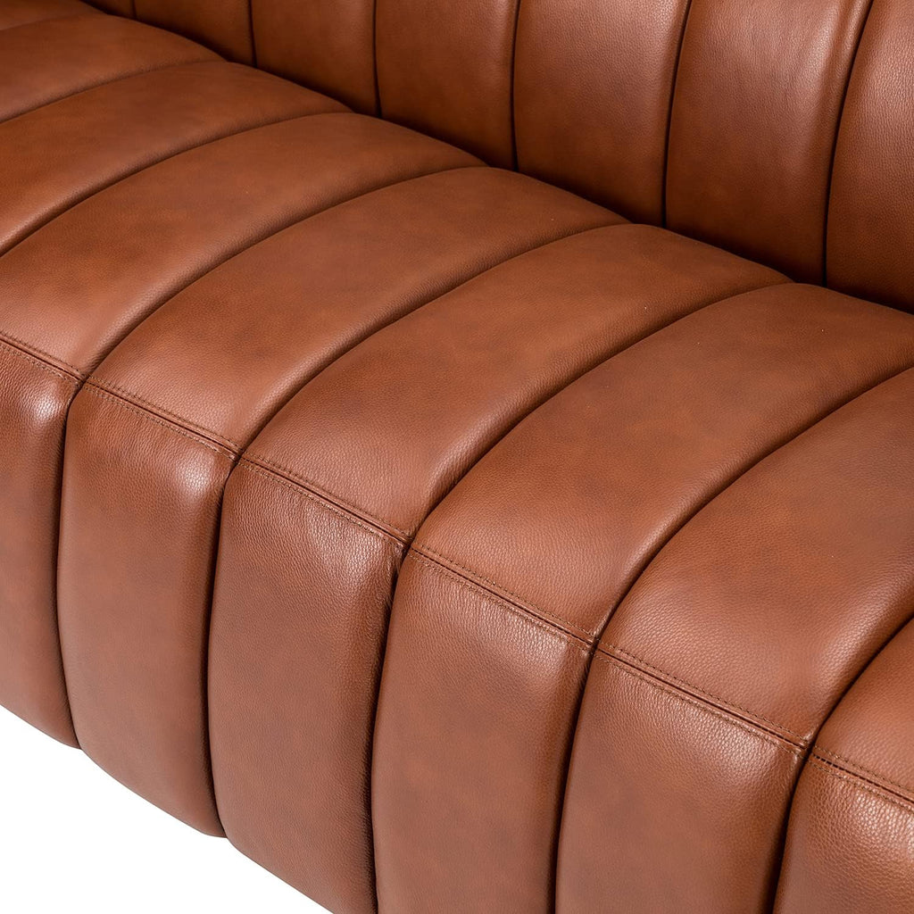 HULALA HOME 83' Genuine Leather Sofa with Channel Tufted Design, 3-Seater Sofa for Living Room Bedroom, Modern Oversized Couch with Wood Legs, Brown