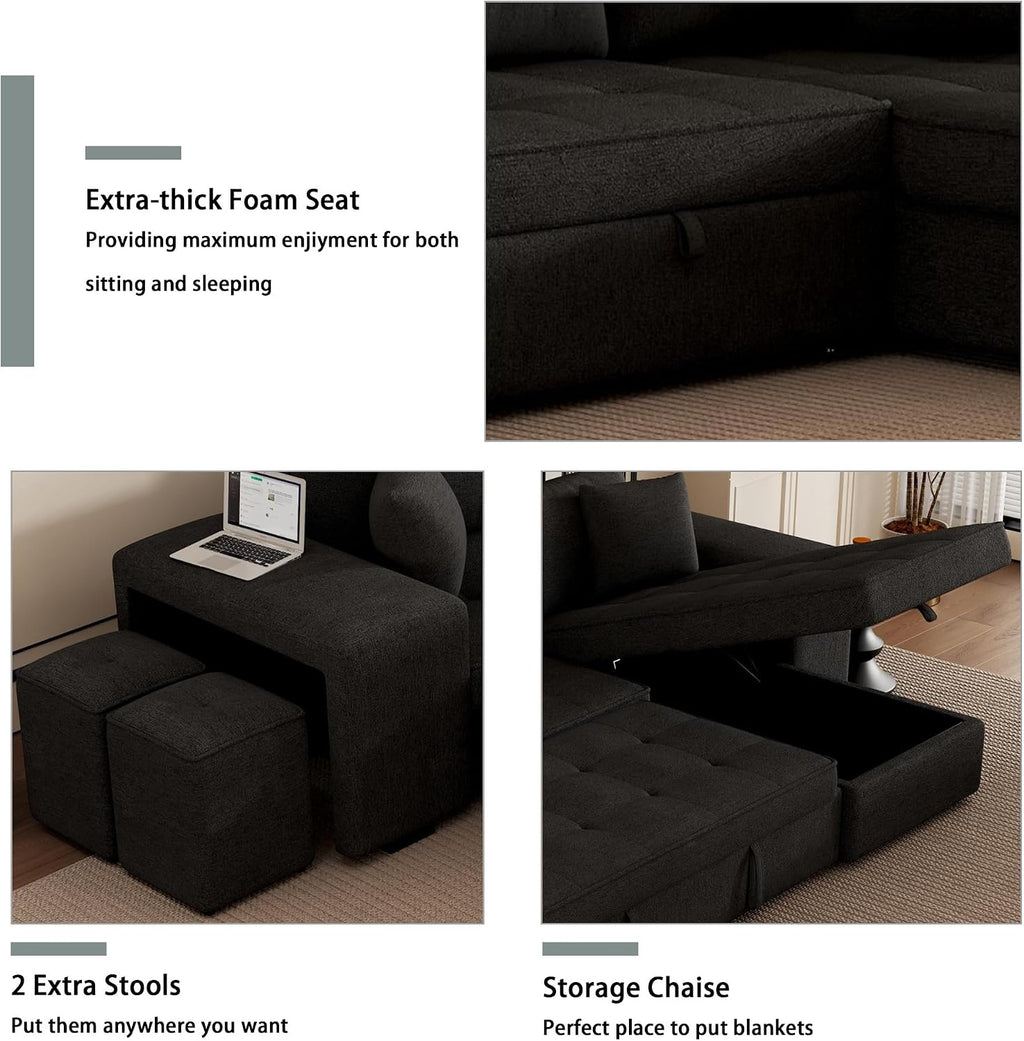 104.5 inch Reversible Sleeper Sectional Sofa with Pull Out Bed , Convertible L Shaped Sectional Couch with Storage Chaise and 2 Stools , Tufted Upholstered Pullout Sofa Bed for Living Room Apartment