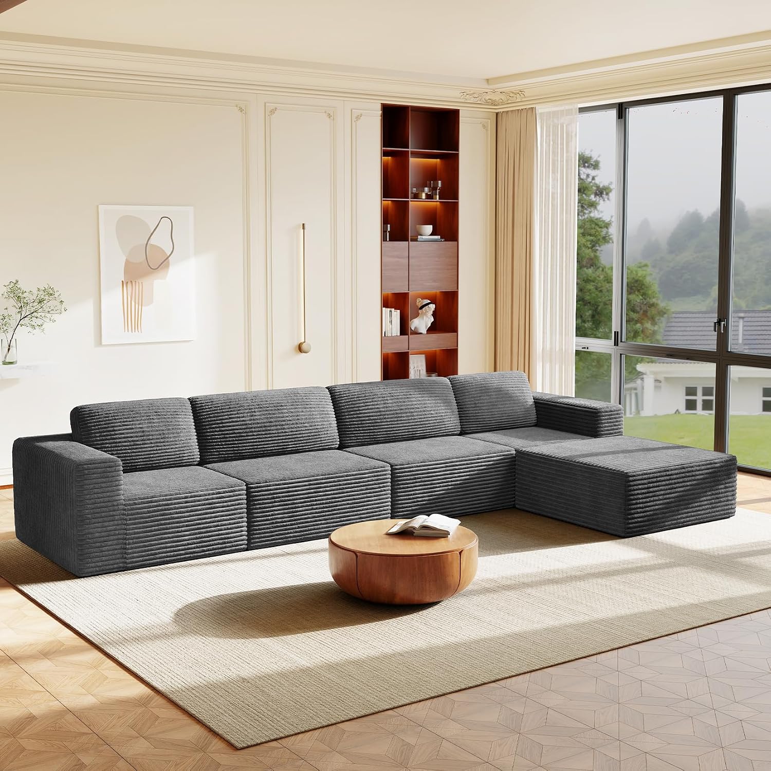Vesgantti 159' Large Modular Sectional Sofa, L-Shaped Corduroy Cloud Couch with Deep Seats & Spring Support, 4-Seater Boneless Sofa with Movable Ottoman, No Assembly Needed, Grey