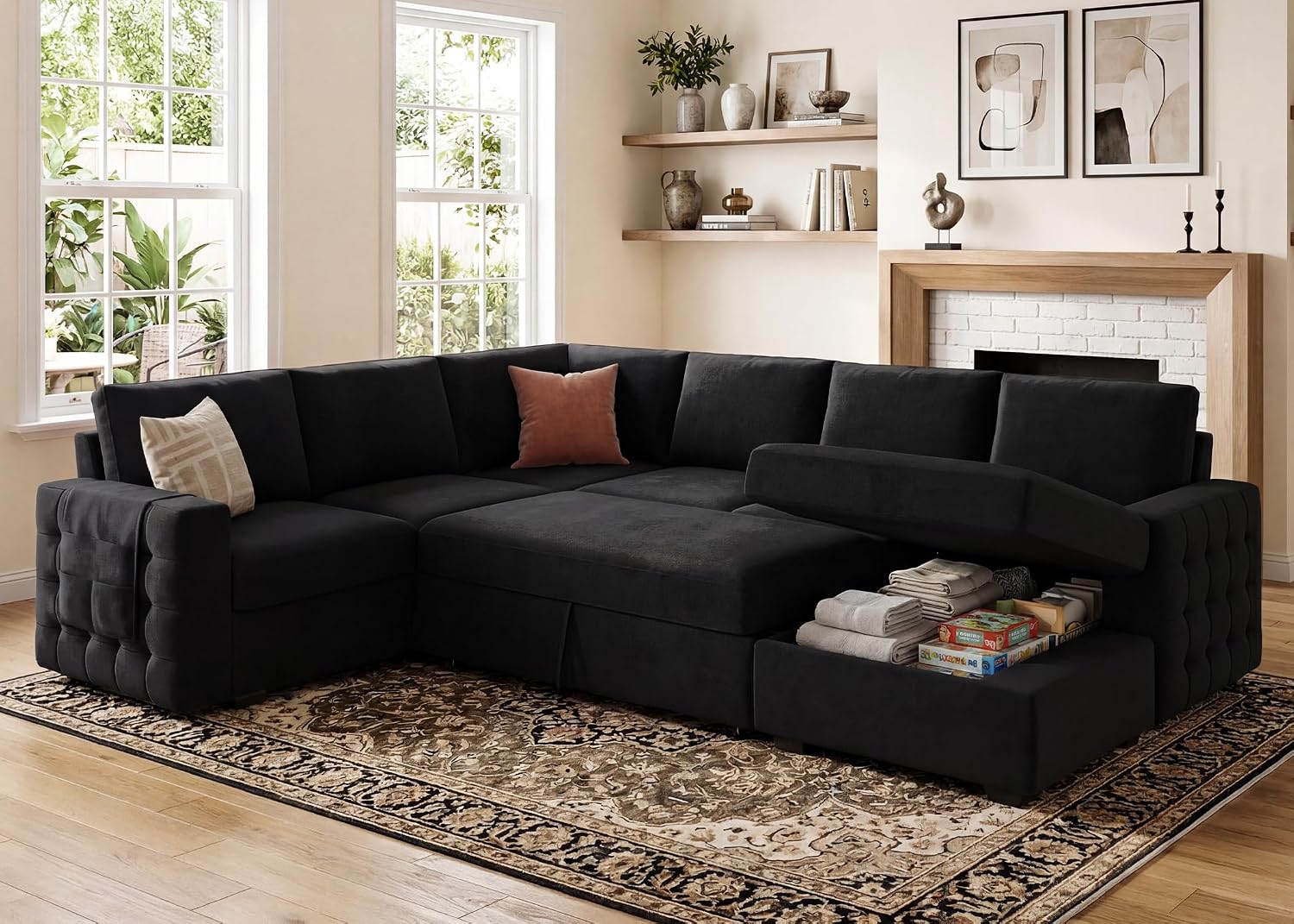 HONBAY Sectional Sleeper Sofa with Pull-Out Bed Storage Chaise, 6 Seater Couch for Living Room, Black