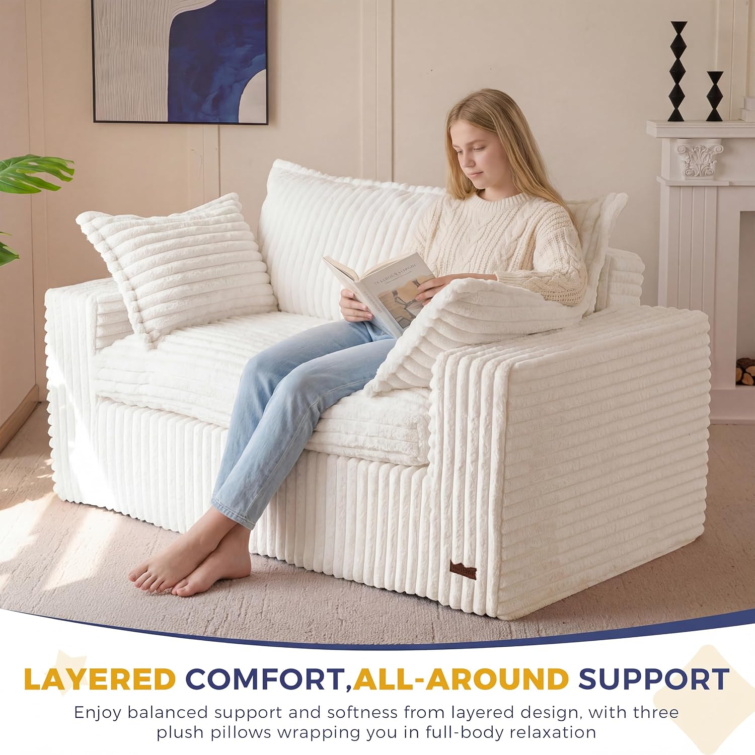 MAXYOYO Bean Bag Sofa Couch, Loveseat Boneless Couch in a Box, Upholstered Small Mini Sofa for Living Room Bedroom Apartment, No Assembly, Beige