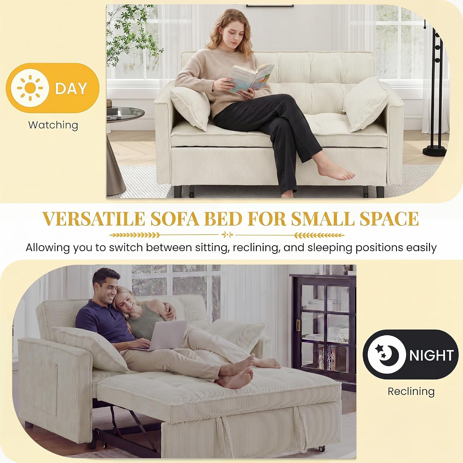 CAPCAEK 3 in 1 Convertible Sleeper Sofa Bed, Modern Corduroy Loveseat Pull-Out Couch w/Pullout Bed, Small Love Seat Lounge Sofa w/Reclining Backrest,Toss Pillows, Pockets, for Living Room