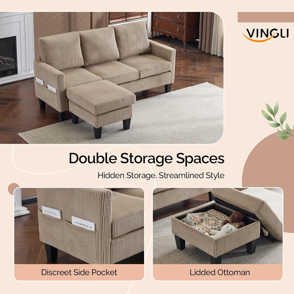 VINGLI 68.5' L Shaped Couch with Movable Storage Ottoman, Convertible Sectional Sofa in Soft Corduroy Fabric, Modern Reversible Chaise Couch for Small Spaces, Apartment, Living Room，Khaki