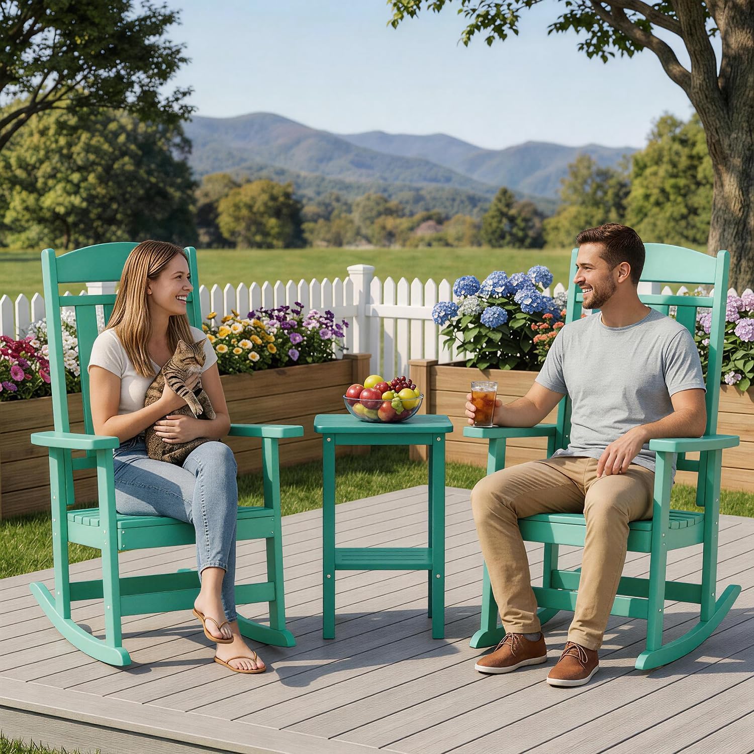 FOOWIN Outdoor Rocking Chair Set of 2, High Back Patio Rocking Chair, HDPE All Weather Resistant Porch Rocker for Adult, Oversized Rocking Chairs for Garden, Lawn, Indoor & Outdoor Use, Lake Blue