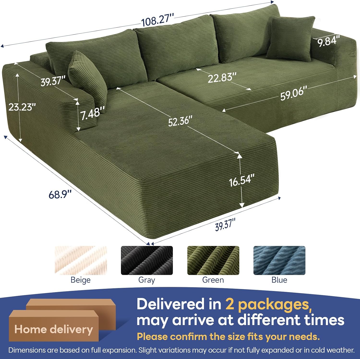 Brage Living 2025 New 108' Cloud Couch Sectional, Comfy Boneless Modular Sectional Sofa with L-Shaped Chaise, Deep Seat Couch for Living Room, No Assembly Required (Green, Left Facing Chaise)