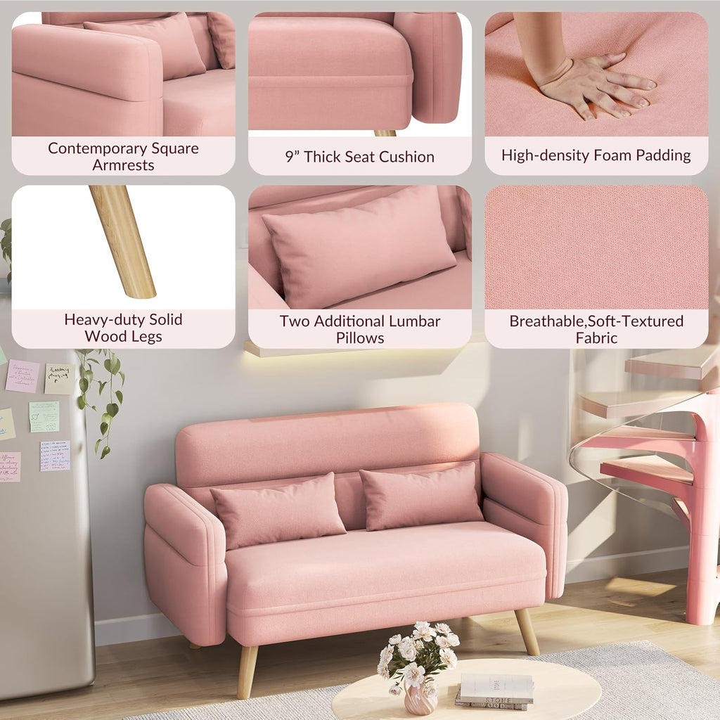 Yaheetech 46' Small Modern Fabric Sofa Loveseat Mid Century 2 Seater Sofa Couch with Lumbar Pillows, Solid Wood Legs for Living Room, Small Space, Dorm, Office, Bedroom, Pink