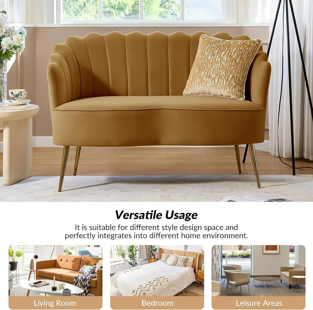 HULALA HOME Modern Velvet Loveseat Sofa with Flower Shaped Back, Comfy Upholstered 2-Seater Sofa with Gold Metal Legs, Small Love Seat Accent Couch for Living Bedroom Leisure Areas, Golden