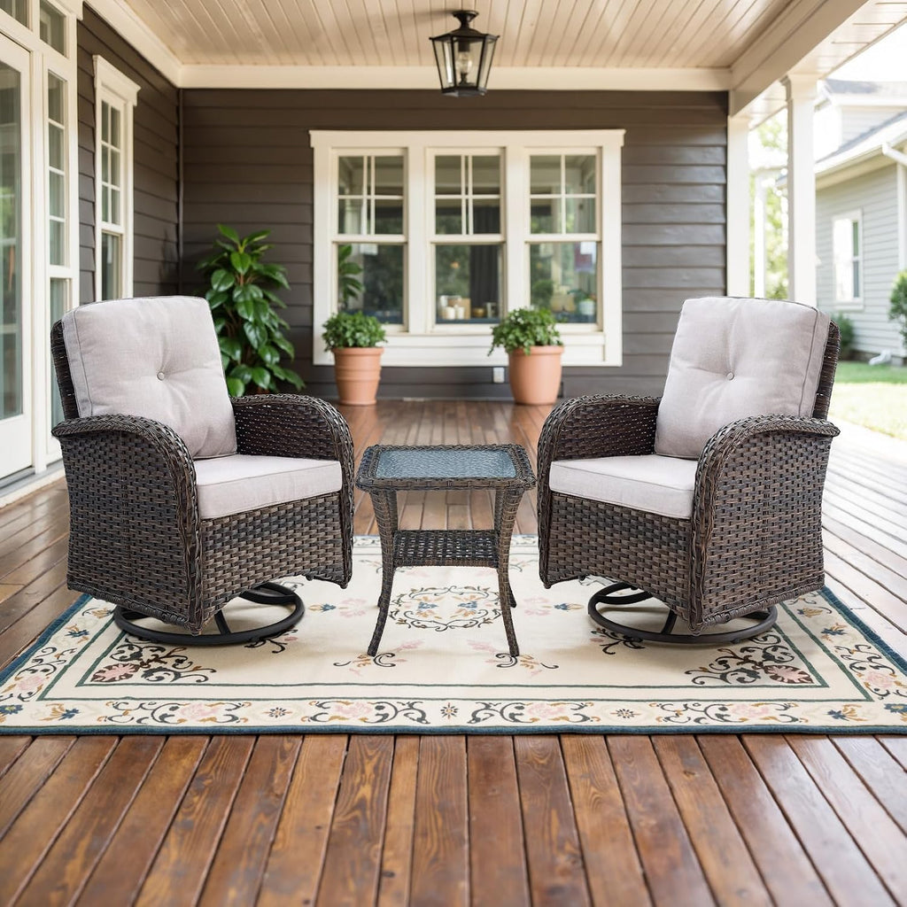 Belord Patio Wicker Chairs Swivel Rocker - Outdoor Swivel Rocking Chairs Set of 2 with Rattan Side Table, Patio Swivel Glider Chair 3 Piece Patio Furniture Sets for Deck Porch Pool Brown/Beige