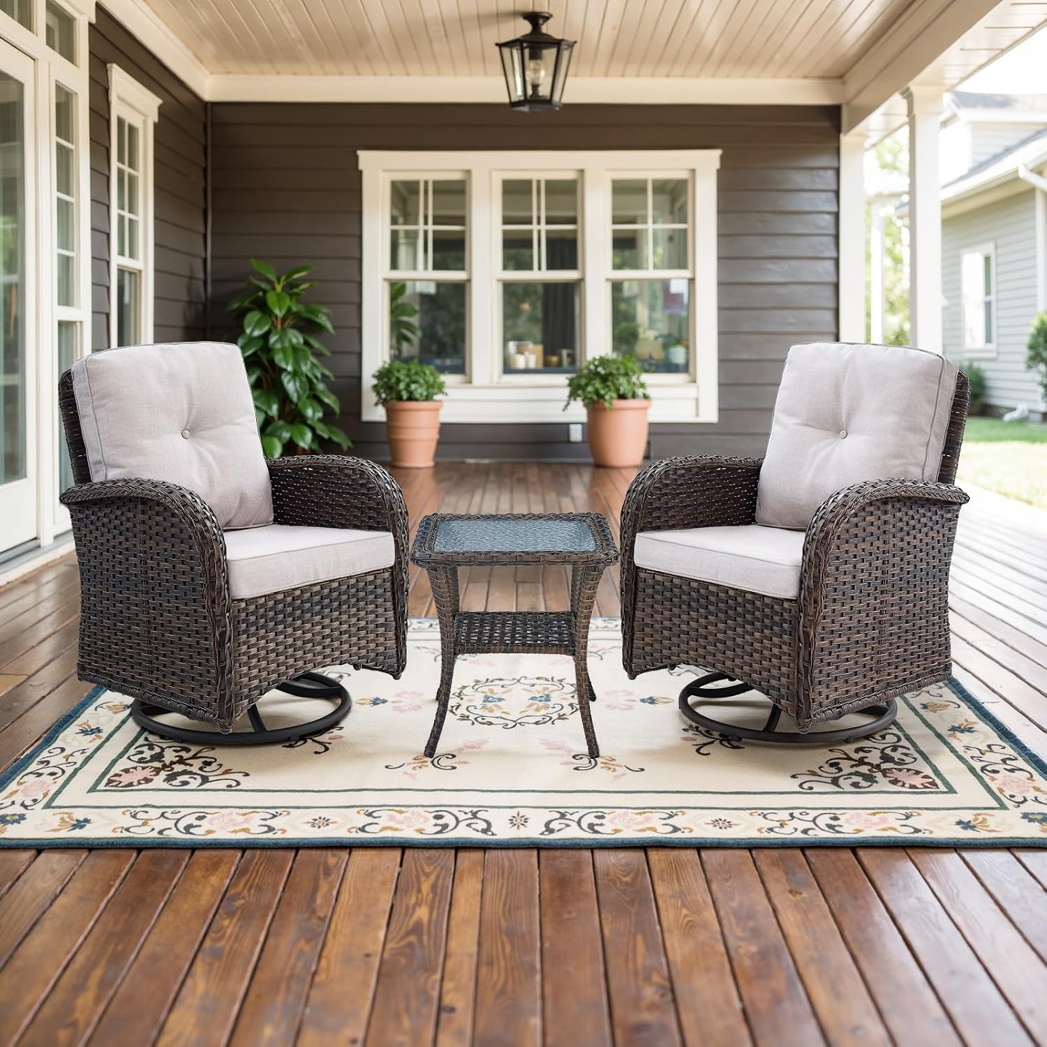 Belord Patio Wicker Chairs Swivel Rocker - Outdoor Swivel Rocking Chairs Set of 2 with Rattan Side Table, Patio Swivel Glider Chair 3 Piece Patio Furniture Sets for Deck Porch Pool Brown/Beige