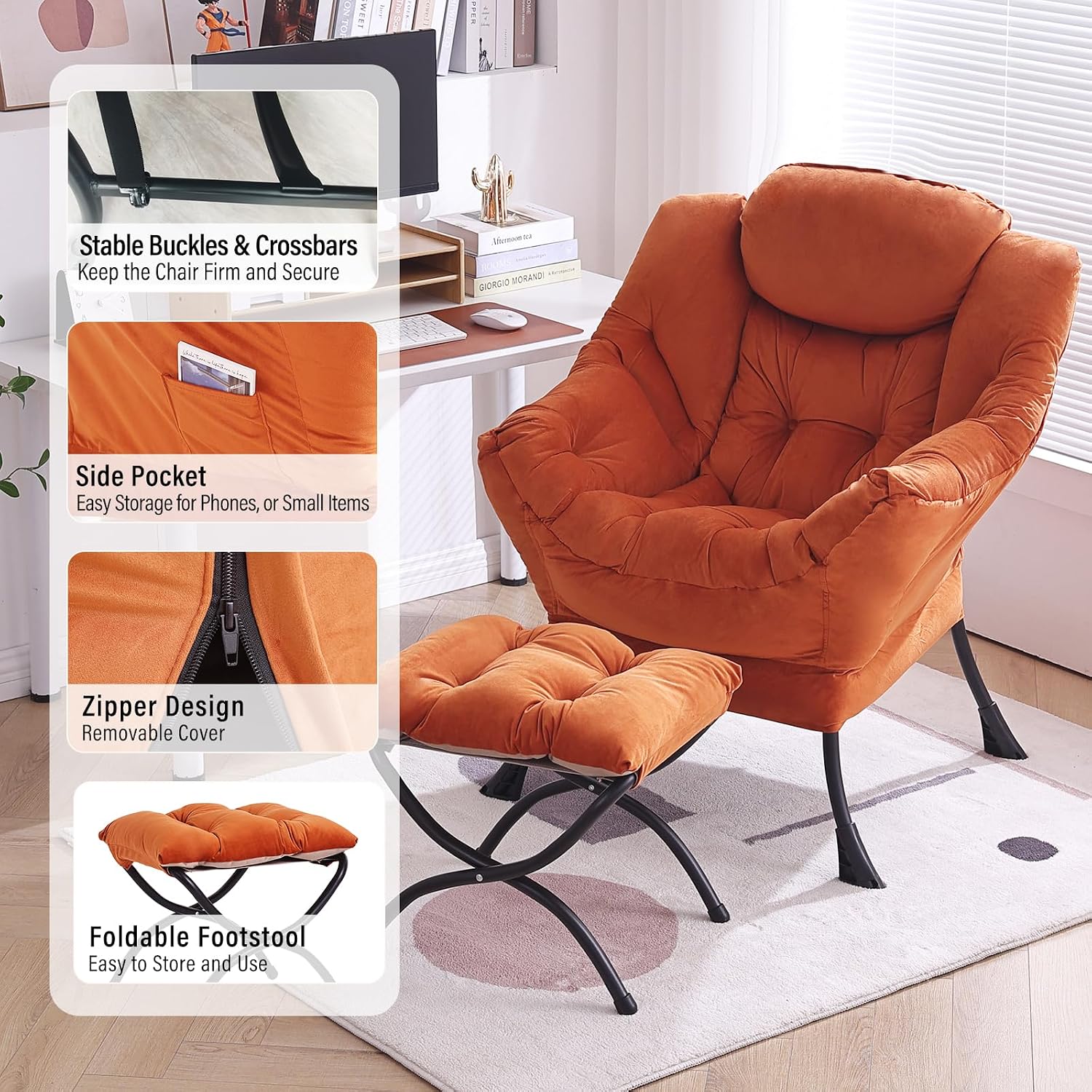 Furlide Lazy Chair with Ottoman, Modern Accent Chair with Armrests and a Side Pocket, Velvet Orange Accent Chairs, Reading Chairs, Oversized Armchairs for Bedroom, Study, Living Room, Courtyard