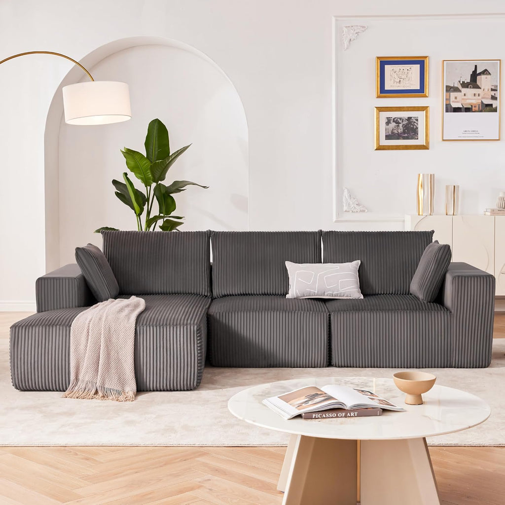 108' Modular Sectional Sofa, Cloud Sectional Couch with Deep Seat, Upholstered Boneless Couches for Living Room Bedroom, Modern Modular L-Shape Sofa Couch with Chaise (Left Facing Chaise, Dark Gray)