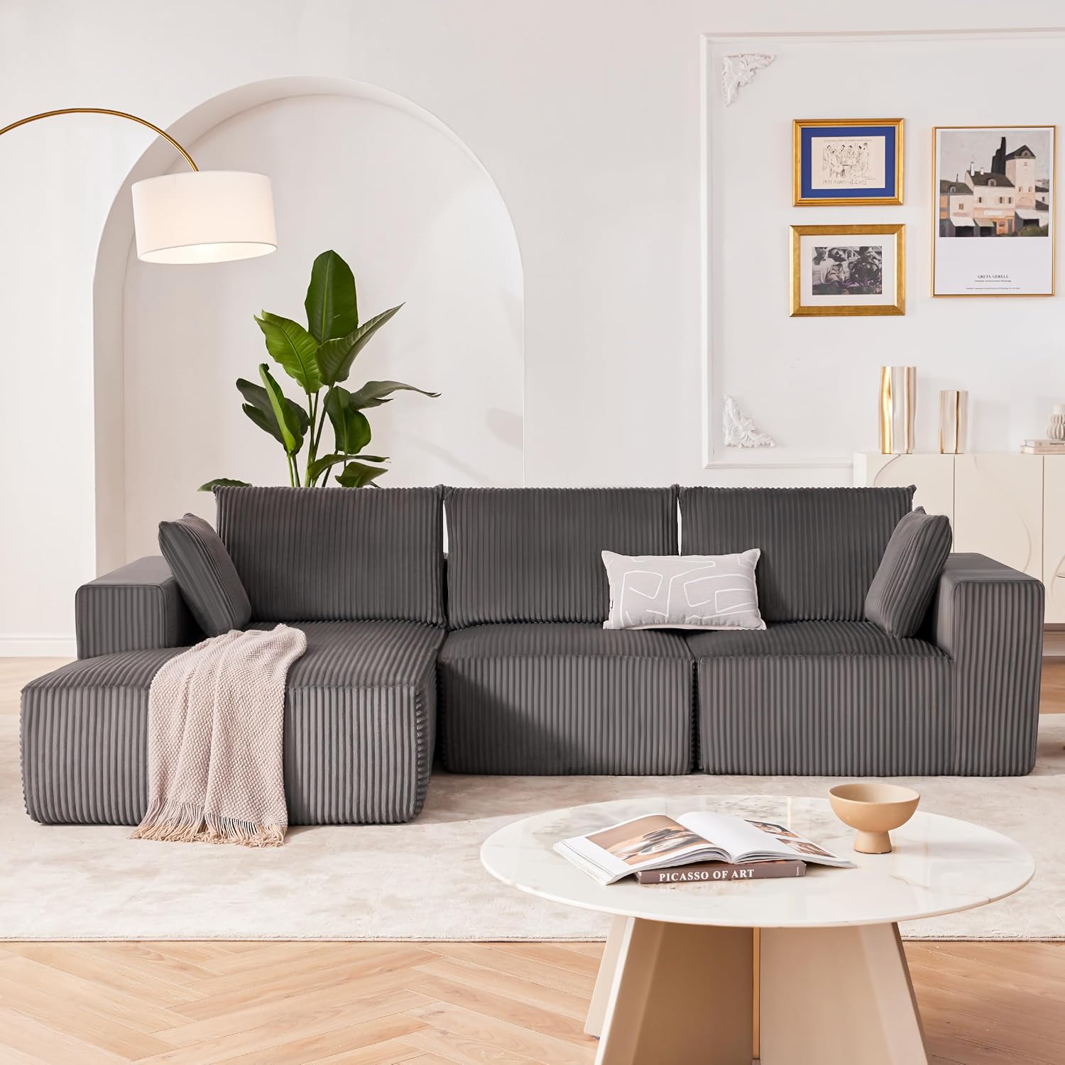 108' Modular Sectional Sofa, Cloud Sectional Couch with Deep Seat, Upholstered Boneless Couches for Living Room Bedroom, Modern Modular L-Shape Sofa Couch with Chaise (Left Facing Chaise, Dark Gray)