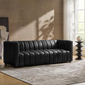 HULALA HOME 83' Genuine Leather Sofa with Channel Tufted Design, 3-Seater Sofa for Living Room Bedroom, Modern Oversized Couch with Wood Legs, Black
