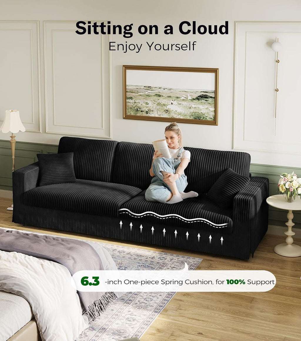 Welzona Corduroy Sofa Couch, 101' Comfy Couches for Living Room, Black | 24' Extra Deep Seat, Tool-Free Sofas, All-Wood Loveseat, 2 Pillows Included, 850lbs Load-bearing
