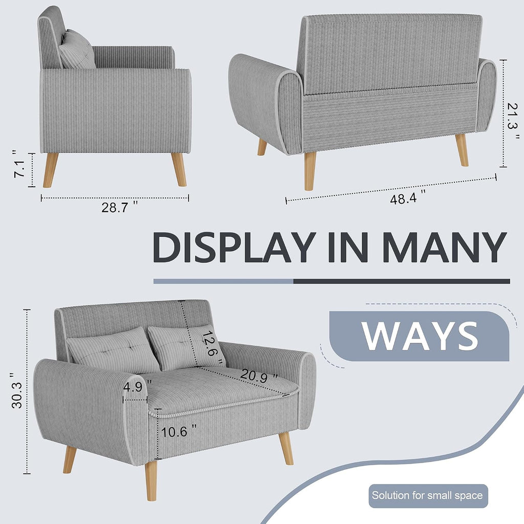Shintenchi 48'' Loveseat Sofa, Mid-Century Modern Upholstered Couch Deep Seat with 2 Pillows, 10' Thick Cushion with Spring, Solid Wood Frame Small Couch for Living Room, Dorms & Office, Light Grey