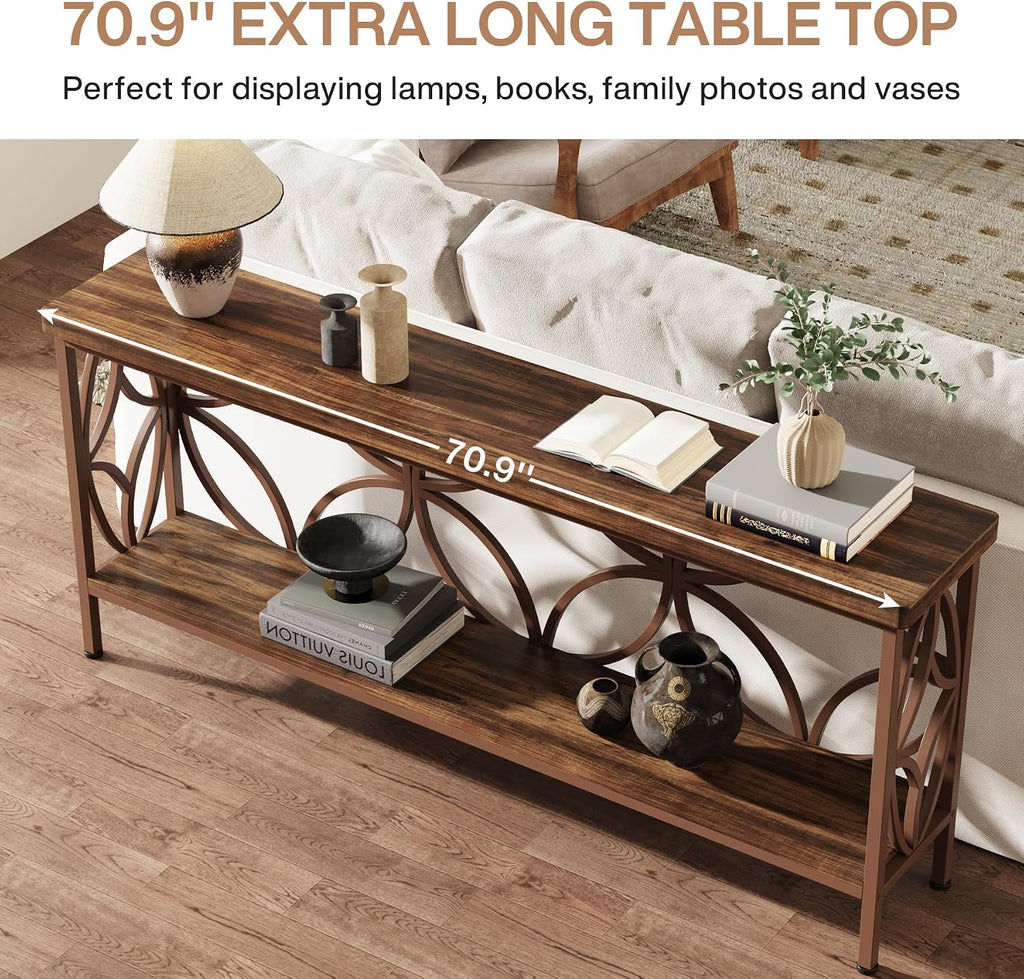 Tribesigns 70.9-Inch Narrow Sofa Table, Industrial Long Sofa Table Behind Couch, Entry Console Table with Storage for Entryway, Living Room, Foyer, Unique Design, Brown Glossy