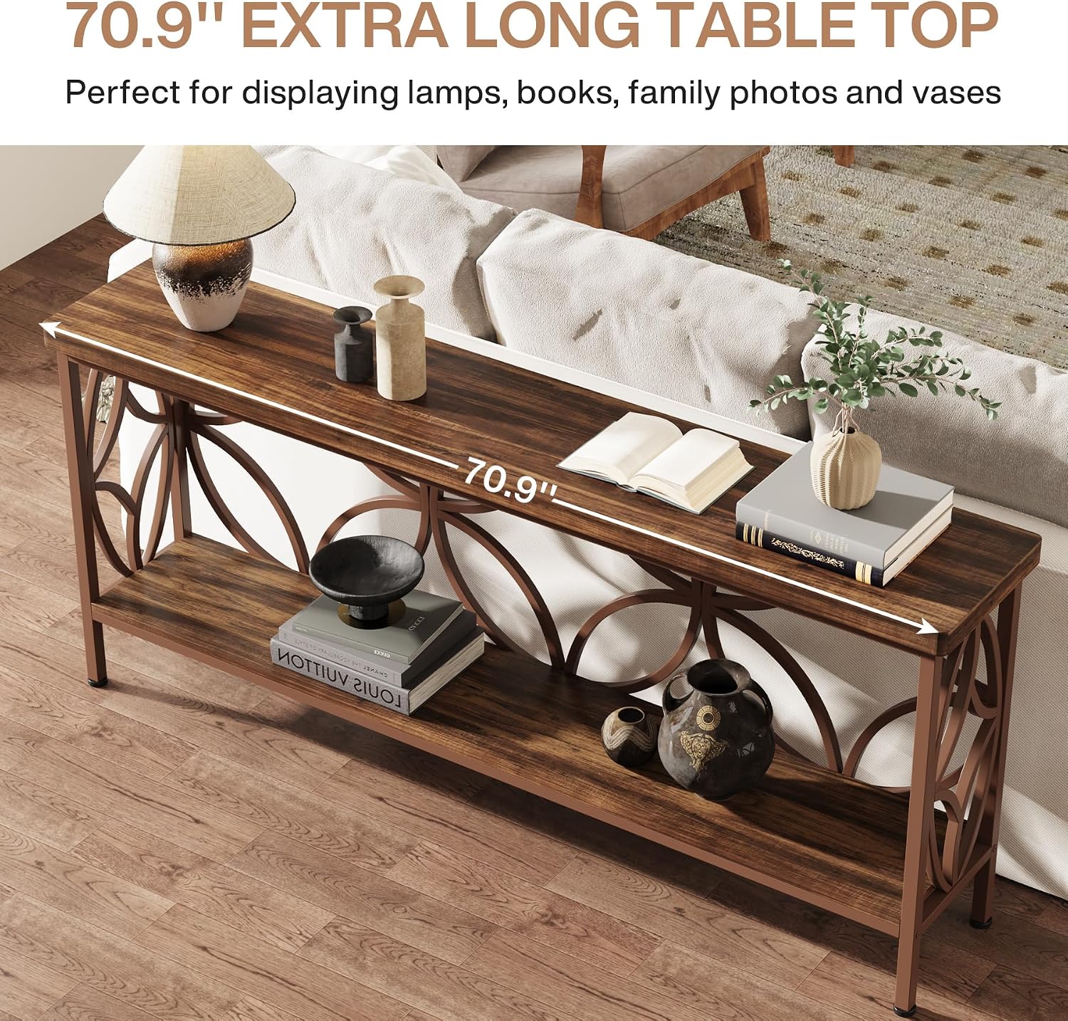 Tribesigns 70.9-Inch Narrow Sofa Table, Industrial Long Sofa Table Behind Couch, Entry Console Table with Storage for Entryway, Living Room, Foyer, Unique Design, Brown Glossy