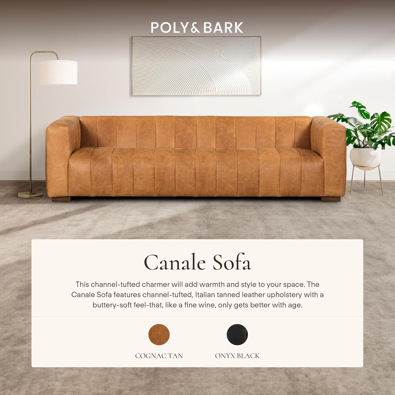 Poly & BARK Canale 99' Sofa – Modern 3-Seater Couch for Living Rooms – Performance Fabric Upholstery, High-Density Foam Cushions, Tapered Legs, Minimal Assembly – Cognac Tan