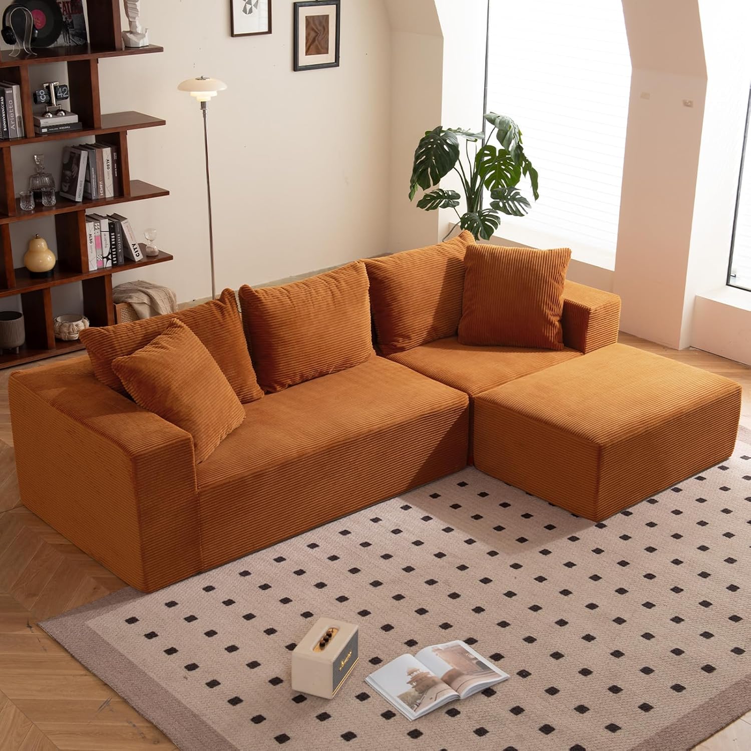 108' L-Shaped Boneless Couch, Modular Sectional Sofa with Moveable Ottoman, Corduroy Cloud Couches for Living Room, No Assembly, Ship in a Box, Burnt Orange