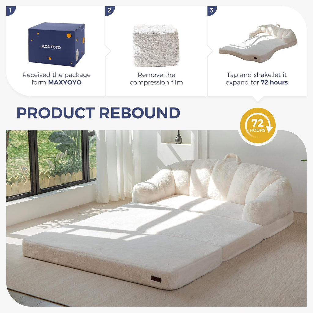 MAXYOYO Folding Sofa Bed, 2 in 1 Convertible Sofa to Lounger Comfy Loveseat Bean Bag Chair for Adults, Floor Sleeper Couch with Handle, Faux Fur Couch Bed for Living Room Bedroom, Beige, Loveseat
