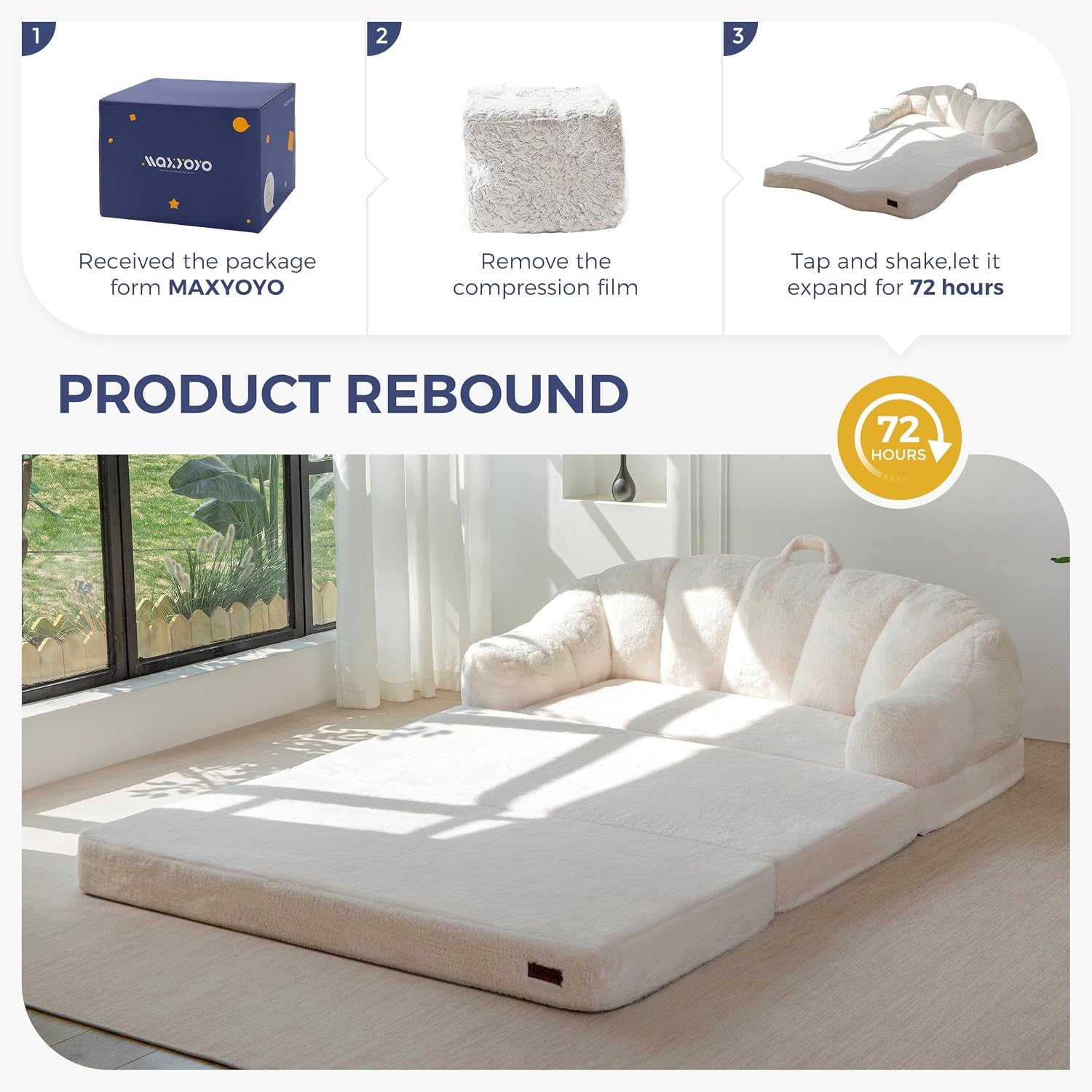 MAXYOYO Folding Sofa Bed, 2 in 1 Convertible Sofa to Lounger Comfy Loveseat Bean Bag Chair for Adults, Floor Sleeper Couch with Handle, Faux Fur Couch Bed for Living Room Bedroom, Beige, Loveseat