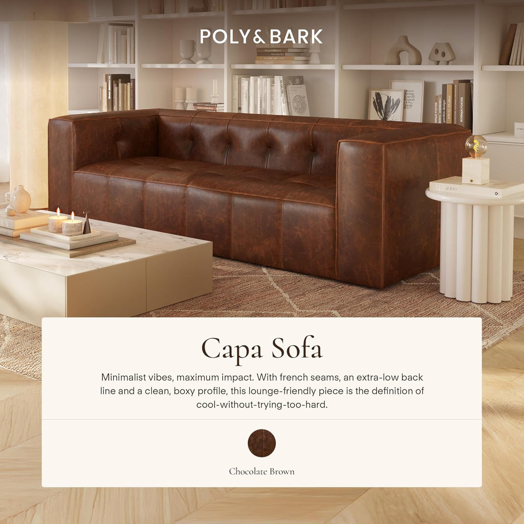 POLY & BARK Capa 96.5' Sofa – Chocolate Brown Full-Grain Pure-Aniline Italian Leather, Boxy Modern Design, Feather-Fiber Cushions, Solid Wood Frame