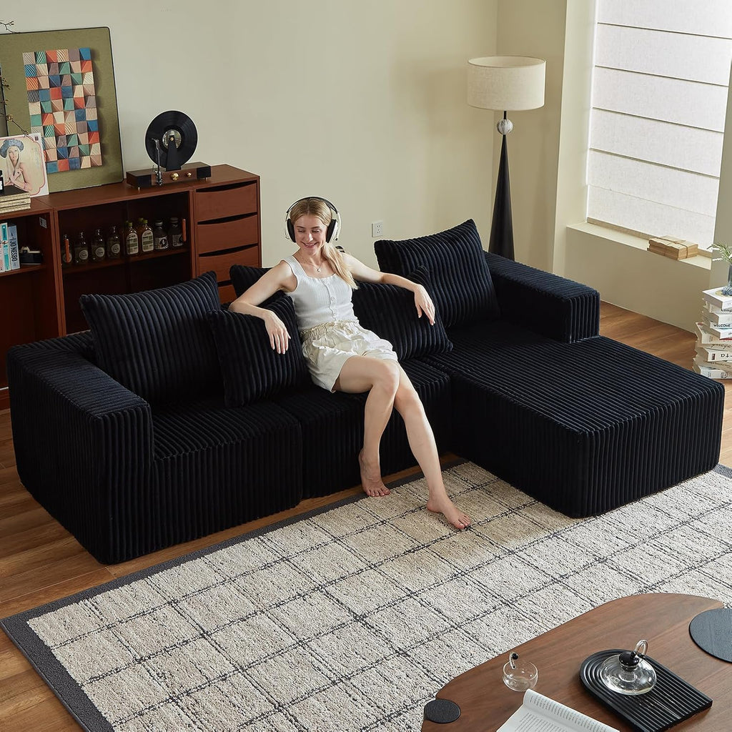 102' Black Couch for Living Room,Boneless Couch No Assembly Required,Comfy Couches with Oversized Chaise,Compressed Sofa for Any Room,Modern Sofa-Corduroy